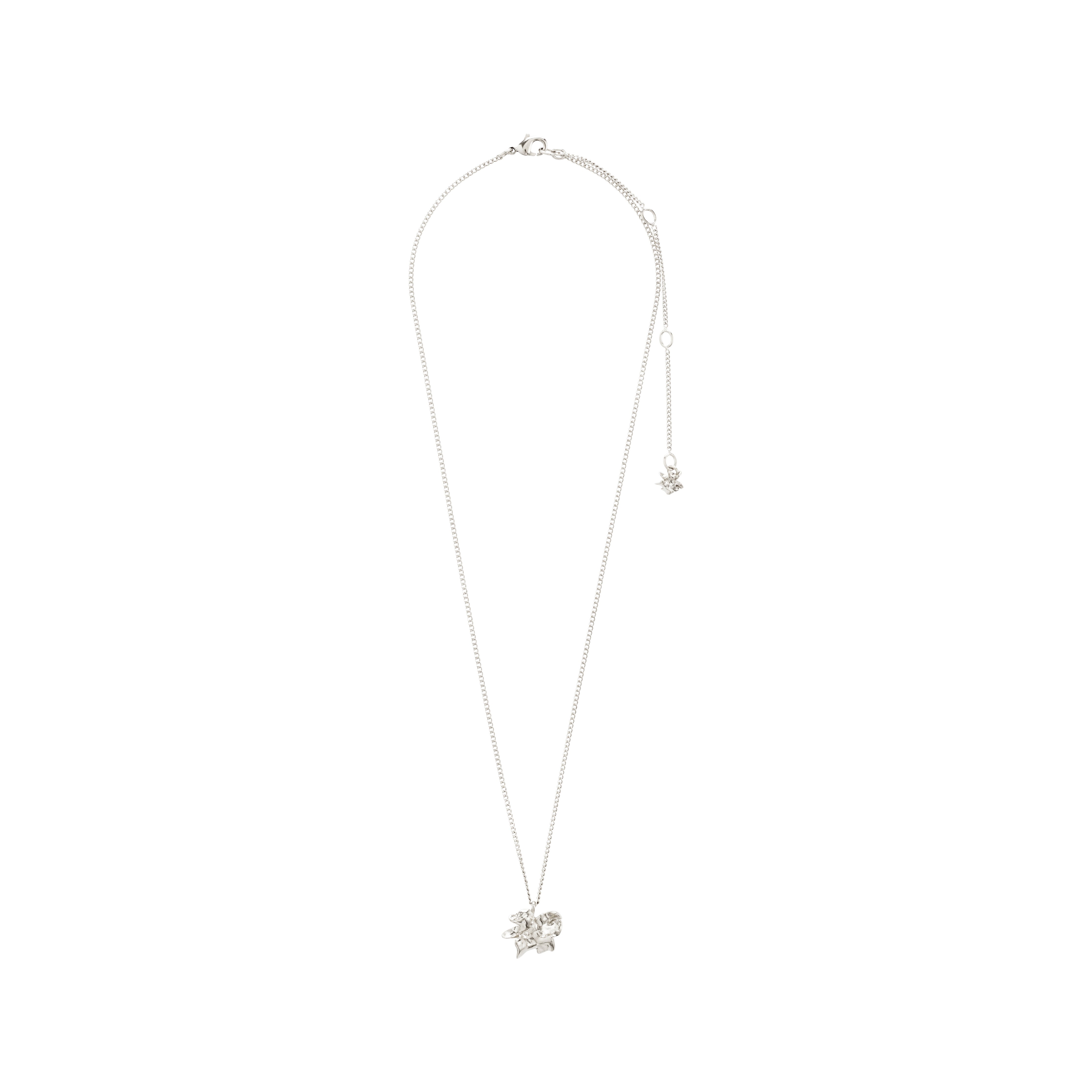 TIMBER necklace silver-plated with a fine chain, flower pendant, and adjustable extender, reflecting minimalist, nature-inspired design for versatile styling.