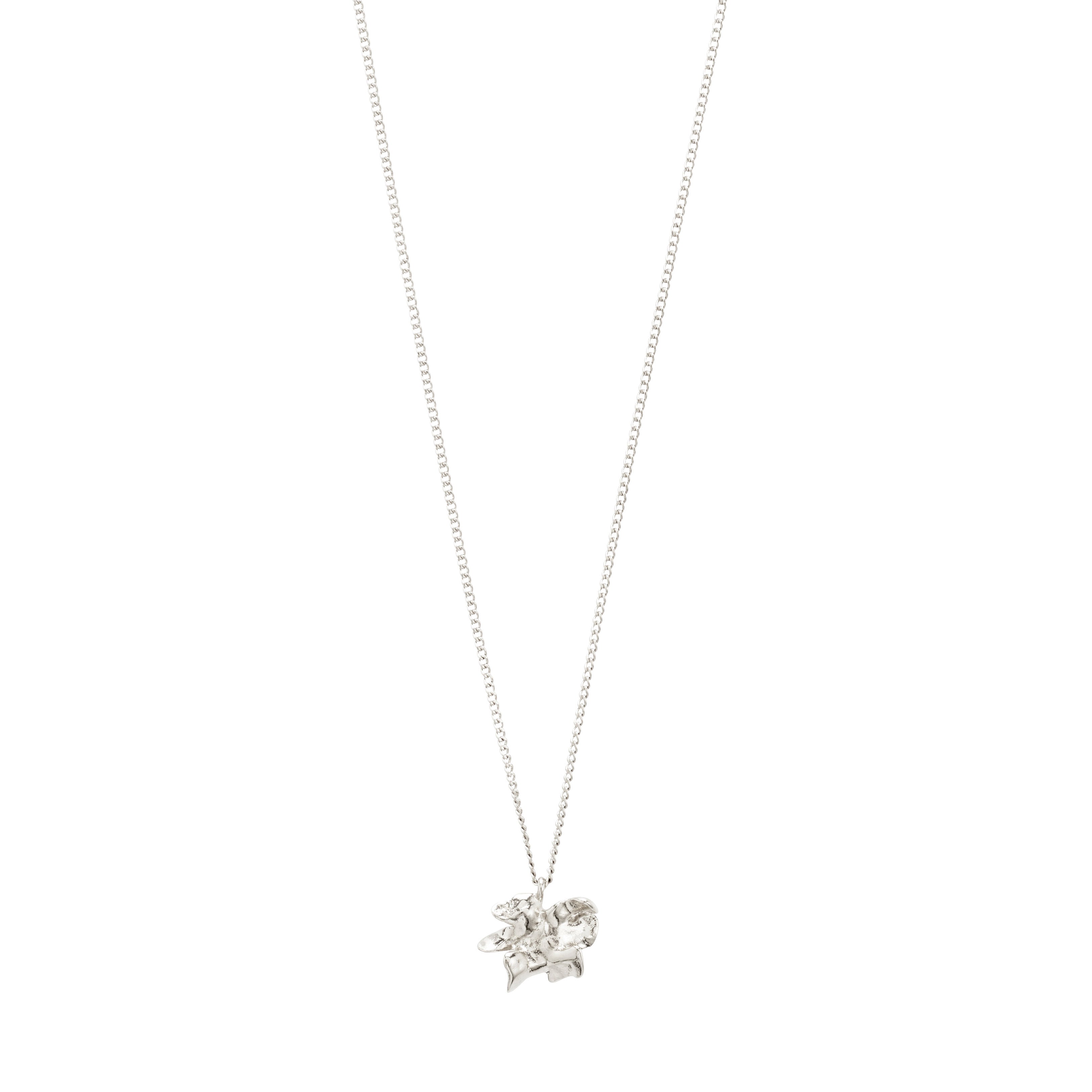 Silver-plated TIMBER necklace by Pilgrim, featuring a delicate curb chain with an organic flower-shaped pendant, adjustable length up to 49 cm. Ideal for minimalist, layered looks.