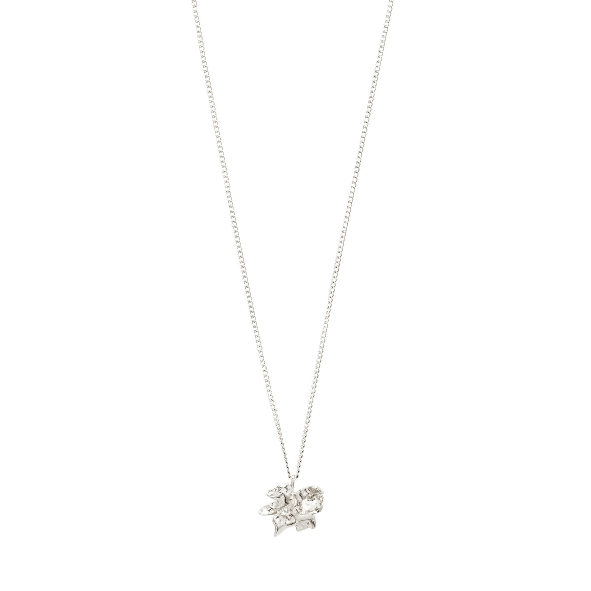 Silver-plated TIMBER necklace by Pilgrim, featuring a delicate curb chain with an organic flower-shaped pendant, adjustable length up to 49 cm. Ideal for minimalist, layered looks.