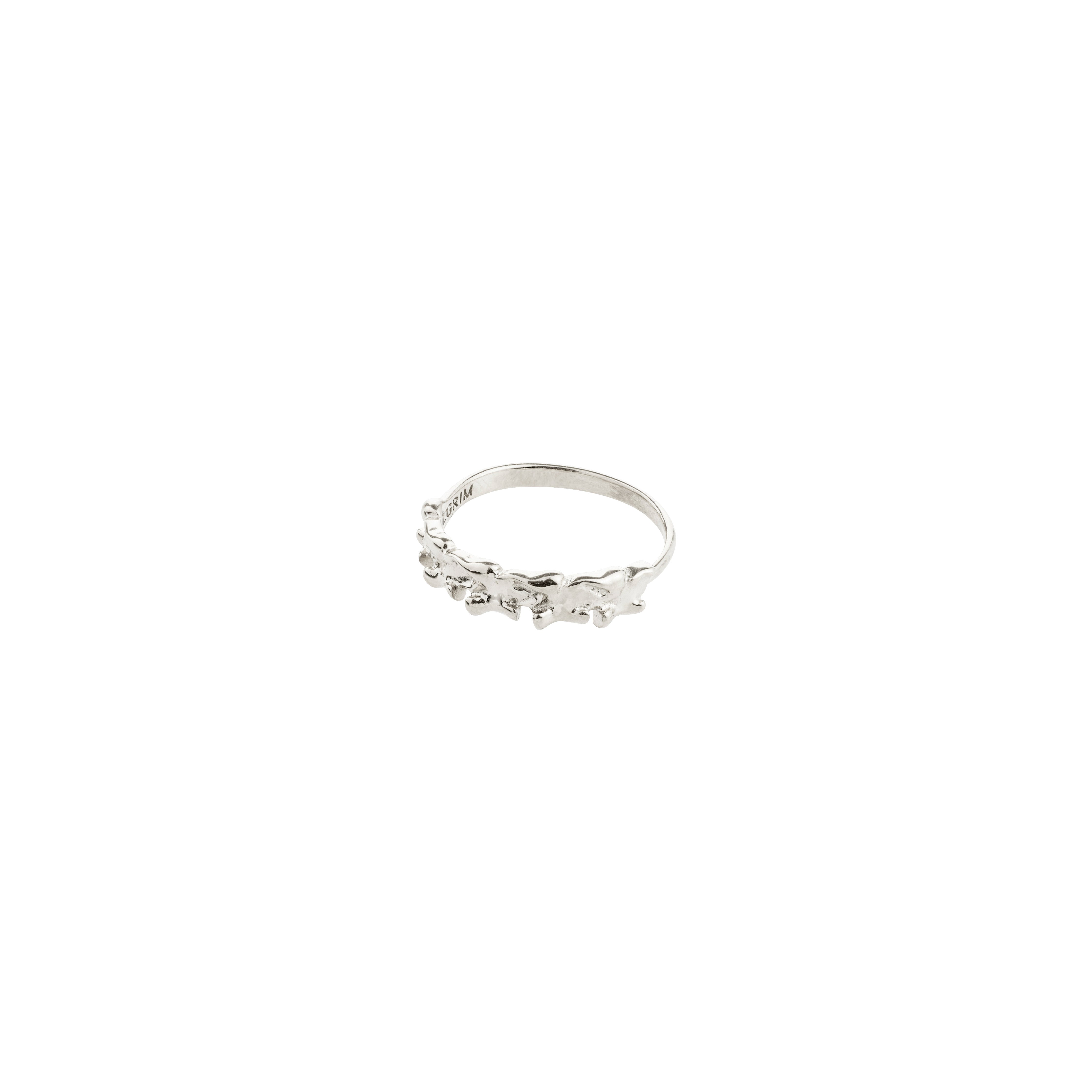 Silver-plated TIMBER ring with organic twig texture, half-encircled by abstract floral details, reflecting nature's raw beauty. Adjustable for versatile wear.
