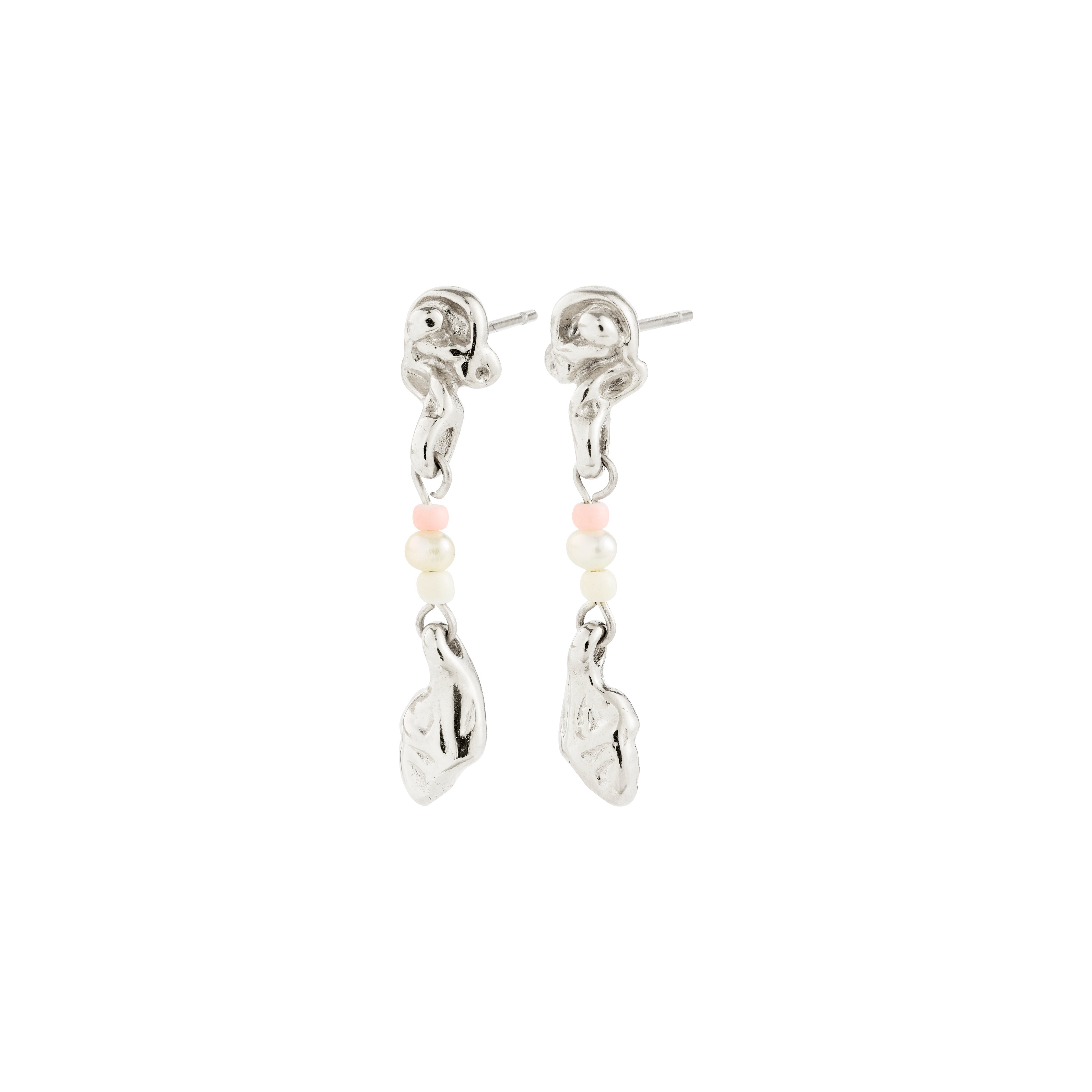 SEQUOIA earrings silver-plated, featuring organic-shaped silver studs, chain links, and pastel beads, embody minimalist, artisan style with a romantic, modern touch.