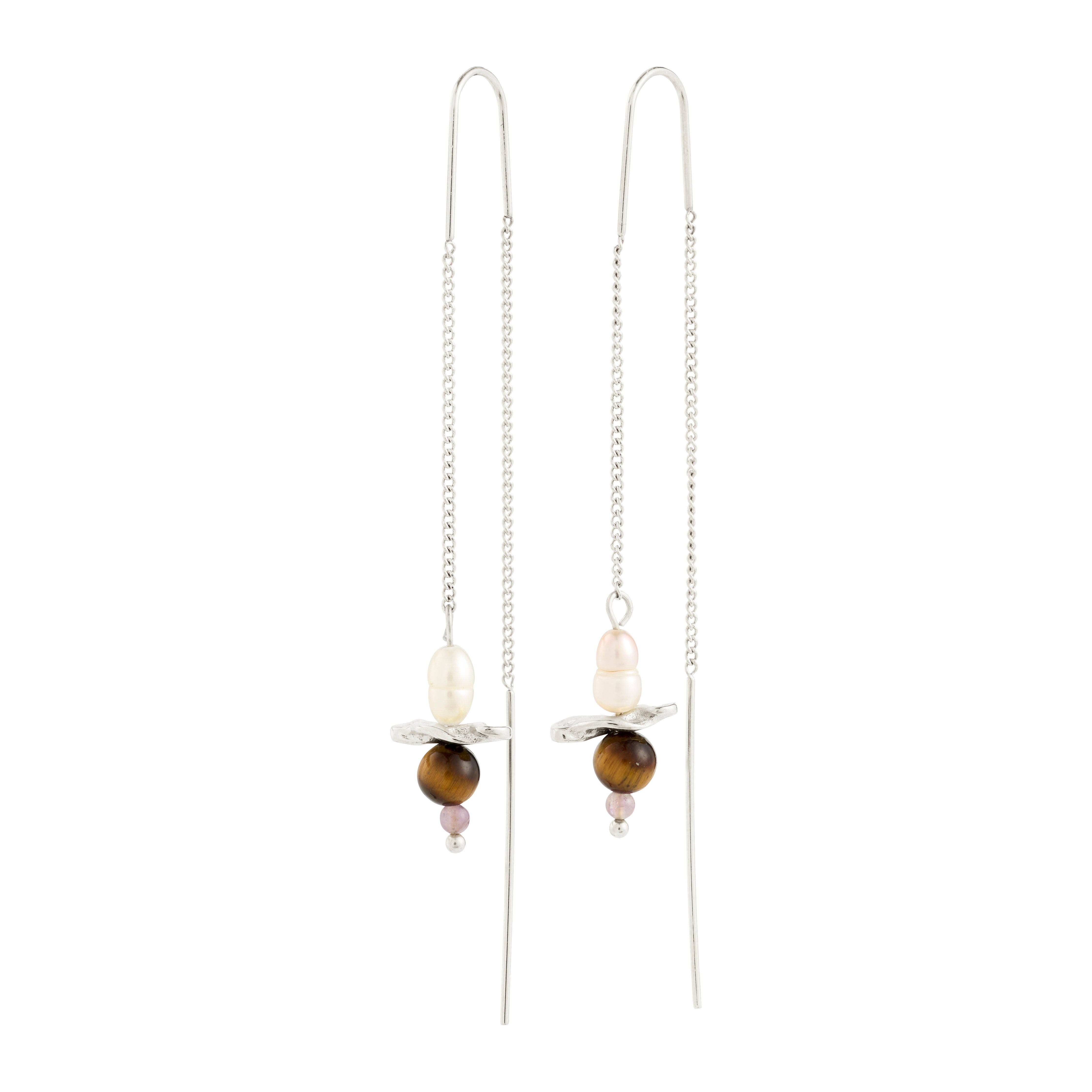 SEQUOIA chain earrings silver-plated feature delicate silver chains with pearl, tiger's-eye, and gemstone accents, offering a playful, nature-inspired design perfect for a boho look.