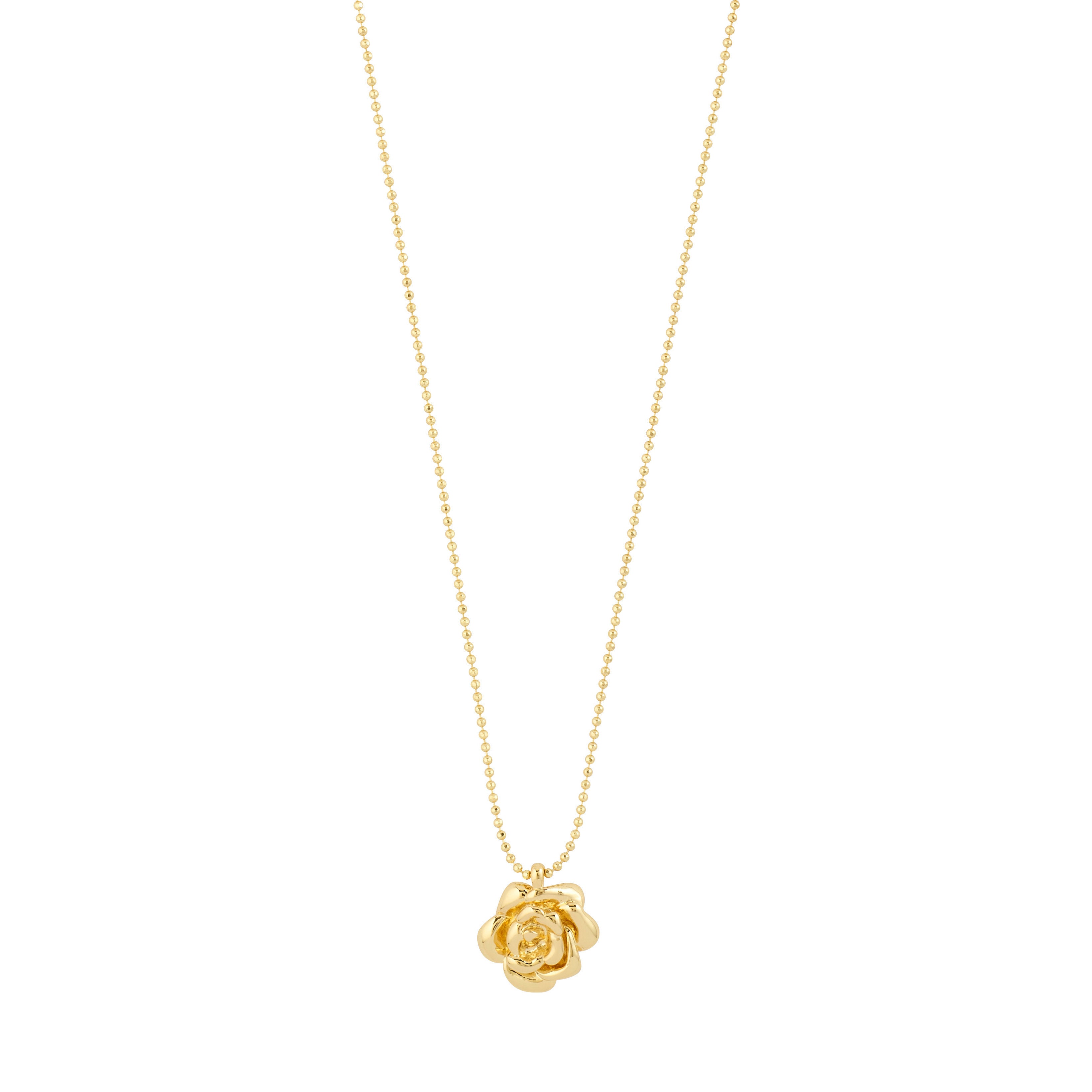 JOYCE necklace gold-plated: A fine bead-style chain with a detailed 3D rose pendant, embodying summer romance and crafted from 99% recycled material.