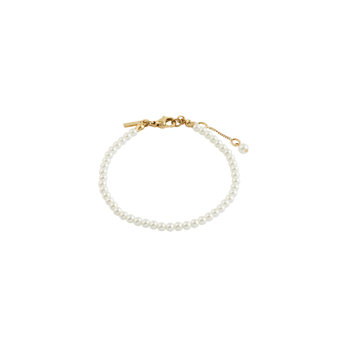 JANNI bracelet gold-plated with round white pearls and adjustable gold chain, featuring a lobster clasp and single pearl drop, perfect for stacking.