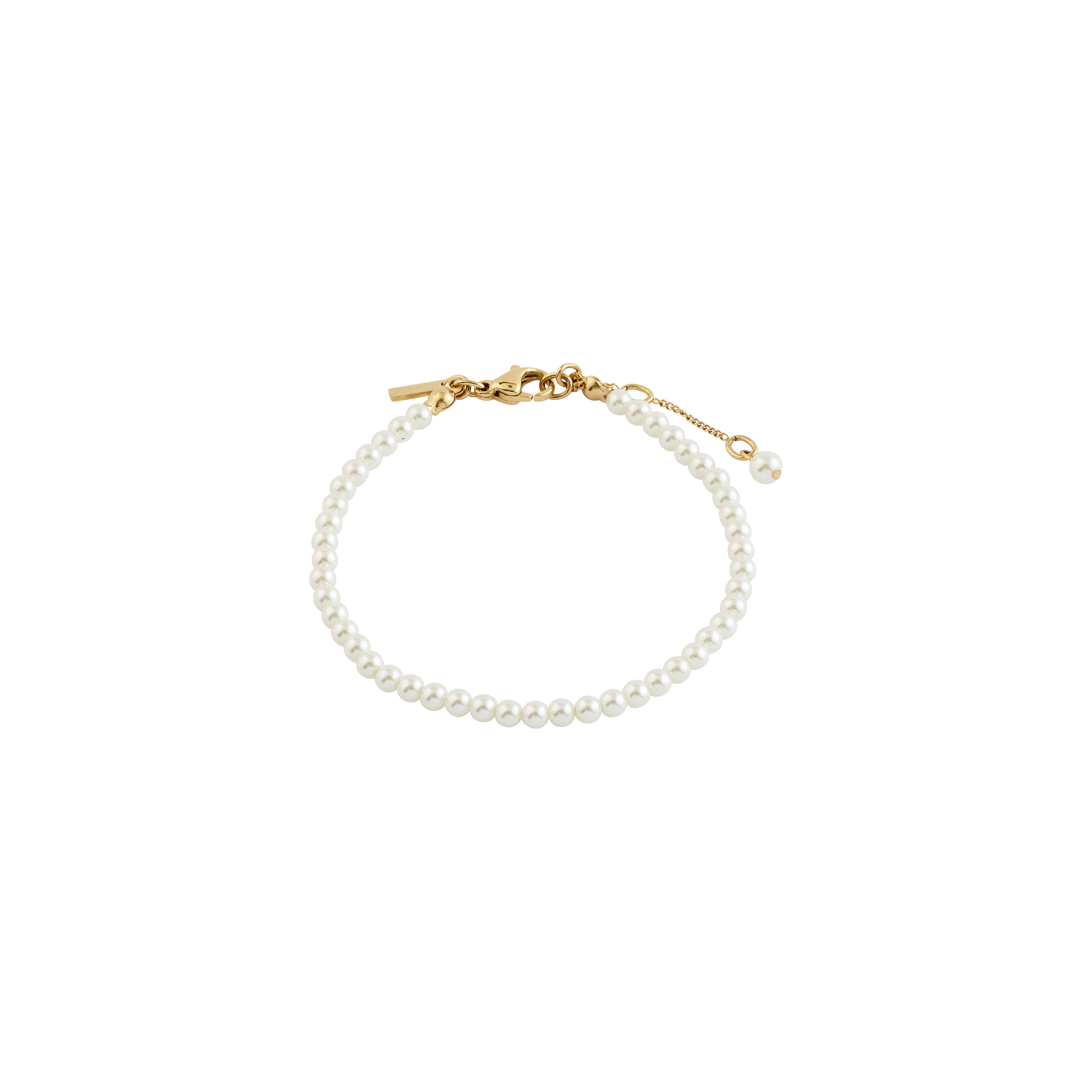 JANNI bracelet gold-plated with round white pearls and adjustable gold chain, featuring a lobster clasp and single pearl drop, perfect for stacking.