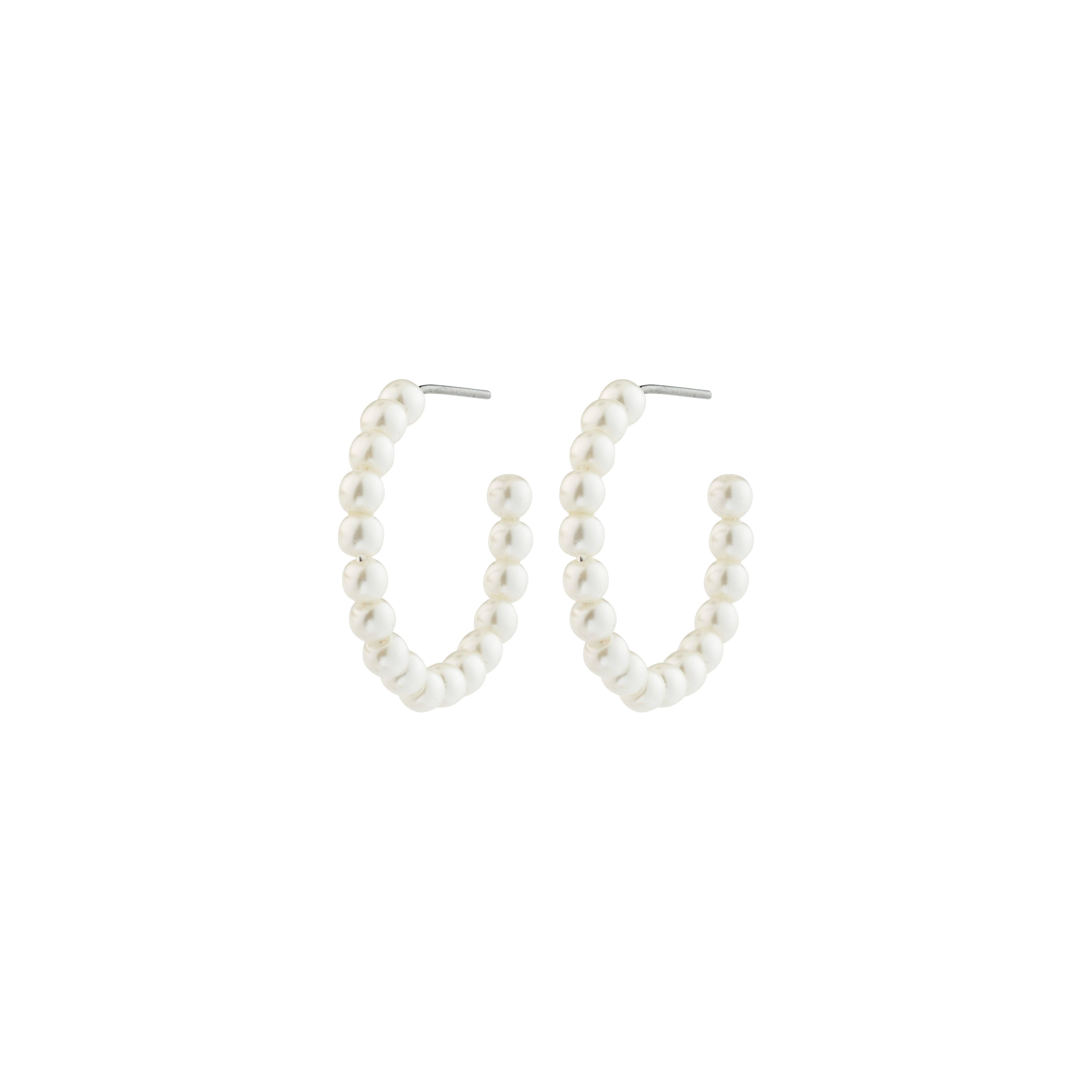 JANNI pearl hoops with mother-of-pearl beads on hoops; medium-sized, stylishly balancing classic and modern, made from 99% recycled materials for effortless elegance.