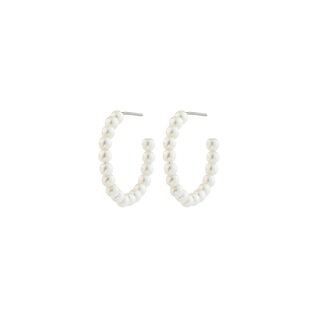 JANNI pearl hoops with mother-of-pearl beads on hoops; medium-sized, stylishly balancing classic and modern, made from 99% recycled materials for effortless elegance.