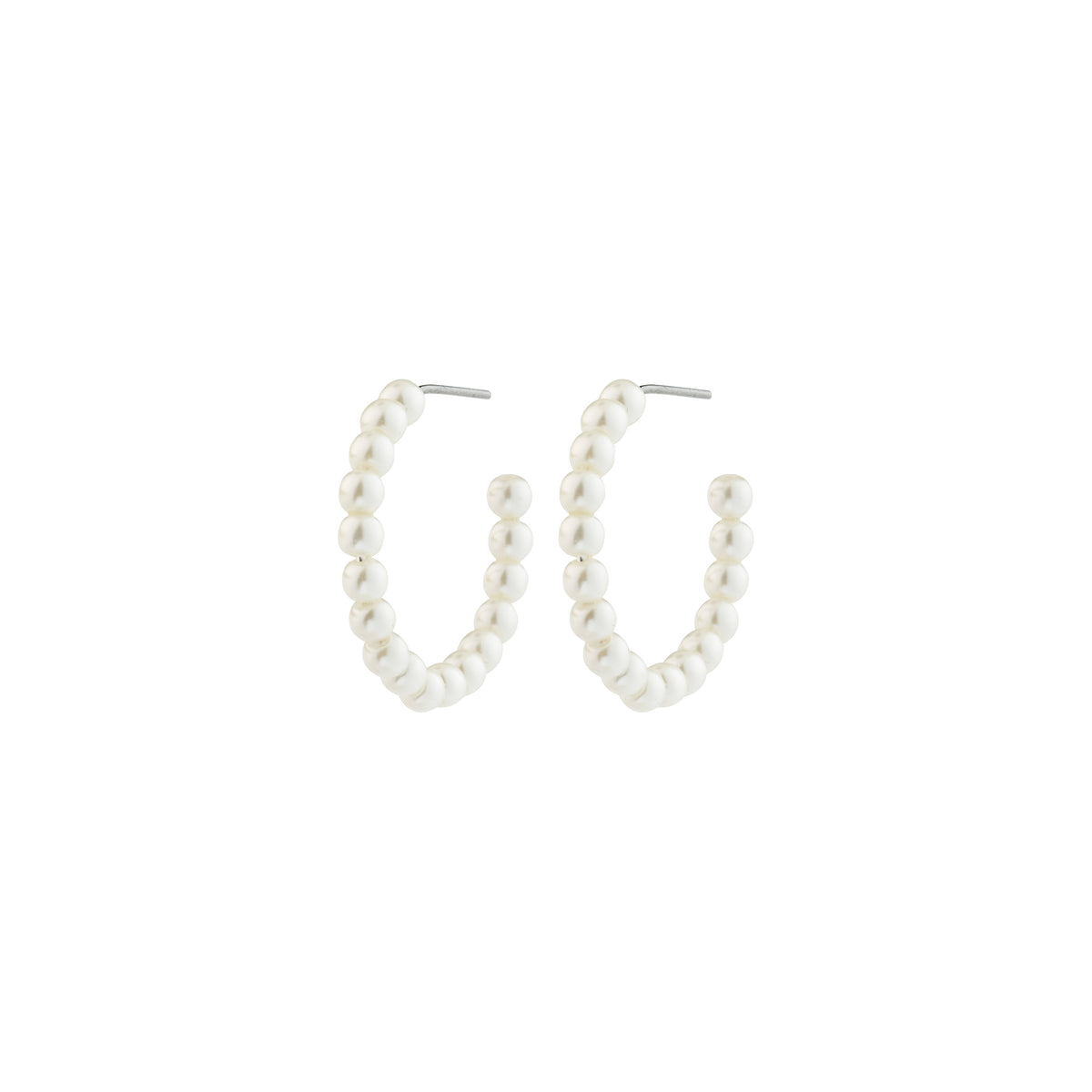 JANNI pearl hoops with mother-of-pearl beads on hoops; medium-sized, stylishly balancing classic and modern, made from 99% recycled materials for effortless elegance.