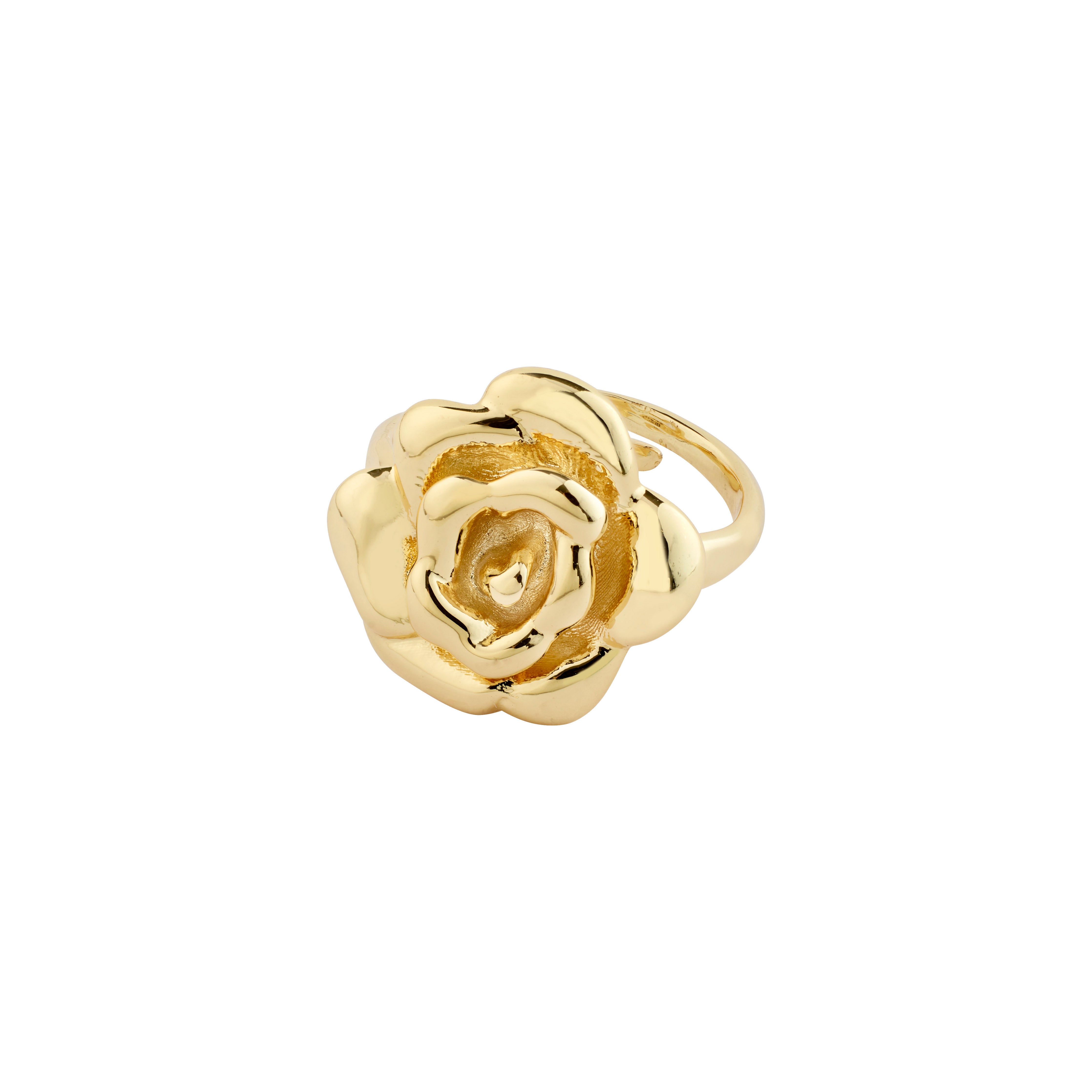 JOYCE ring gold-plated with a sculpted, lifelike rose centerpiece, embodying a romantic, timeless design. Perfect for adding elegance to any summer outfit.