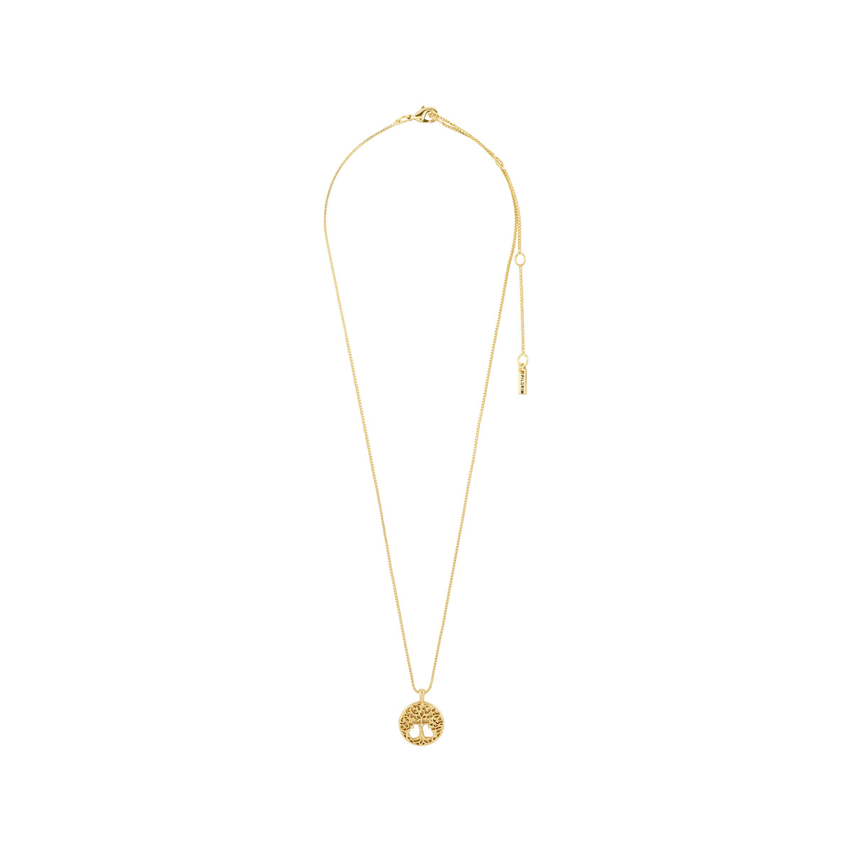 JUANNA necklace gold plated with Tree of Life pendant on fine chain, featuring a lobster-claw clasp and adjustable extender, embodies strength and connection.