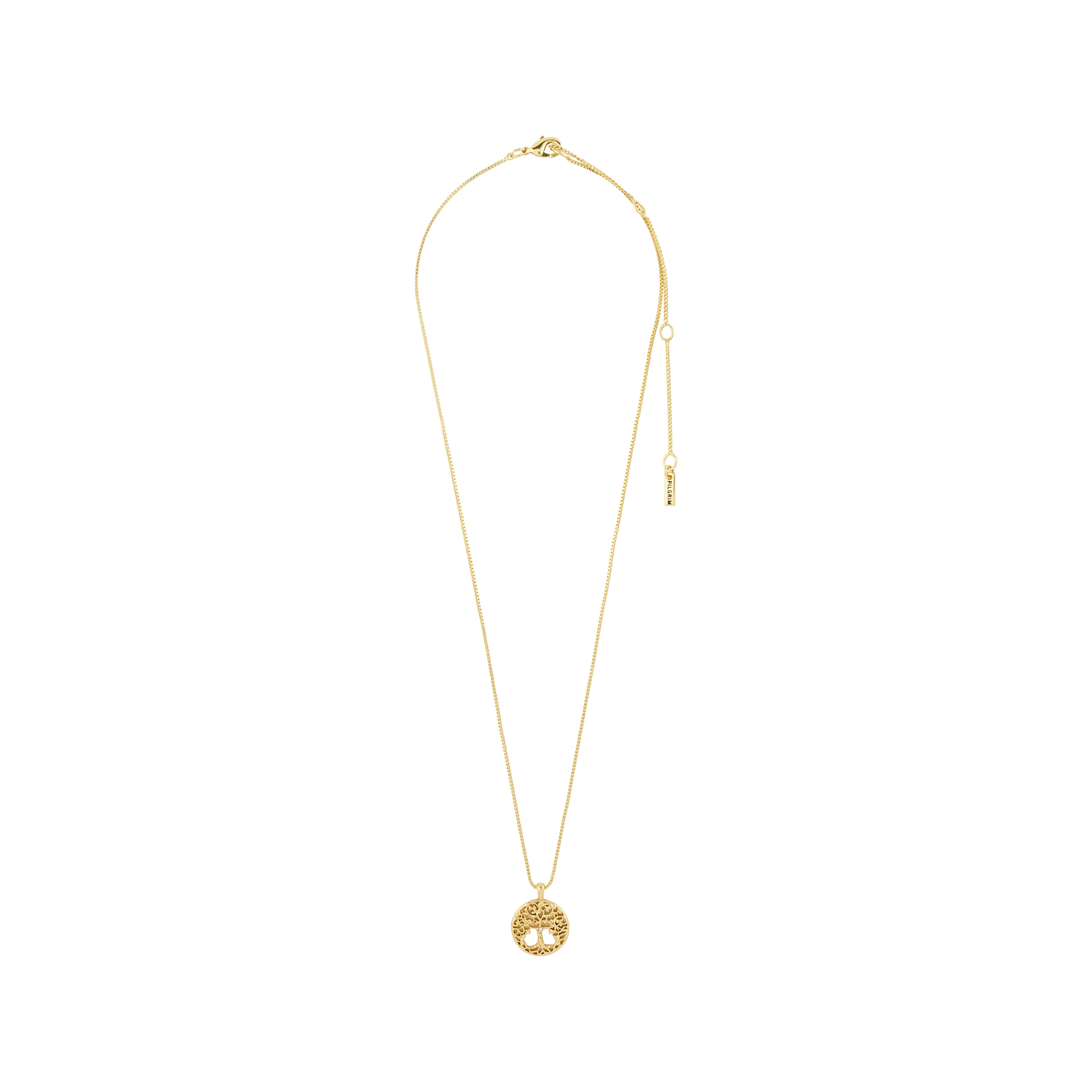 JUANNA necklace gold plated with Tree of Life pendant on fine chain, featuring a lobster-claw clasp and adjustable extender, embodies strength and connection.