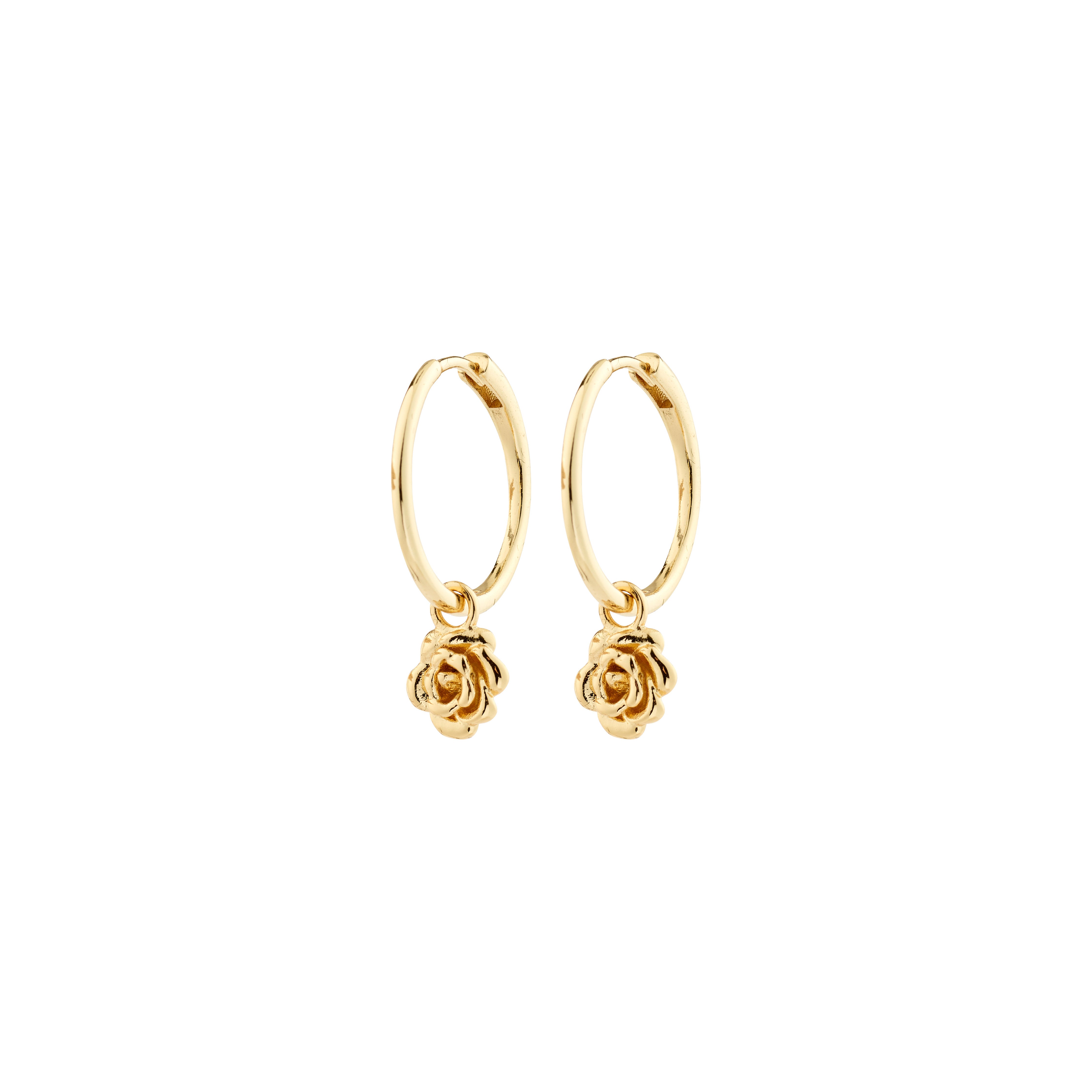 JOYCE earrings gold-plated feature small hoops with removable rose charms, offering versatile styling for everyday elegance.