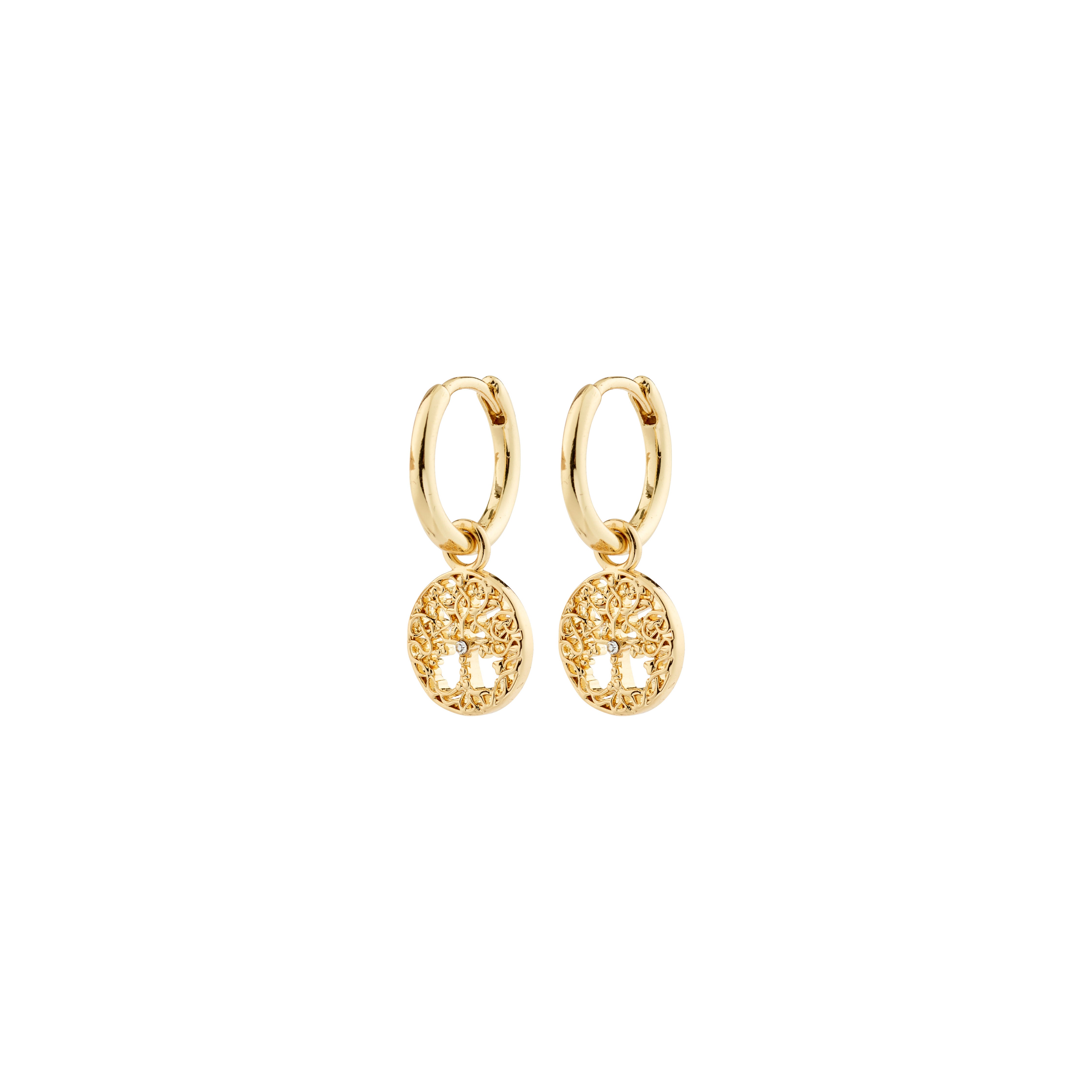 JUANNA earrings gold-plated hoops with removable Tree of Life filigree pendants, offering versatile style and symbolic elegance.