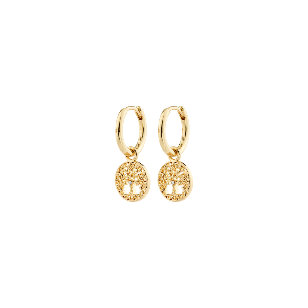 JUANNA earrings gold-plated hoops with removable Tree of Life filigree pendants, offering versatile style and symbolic elegance.