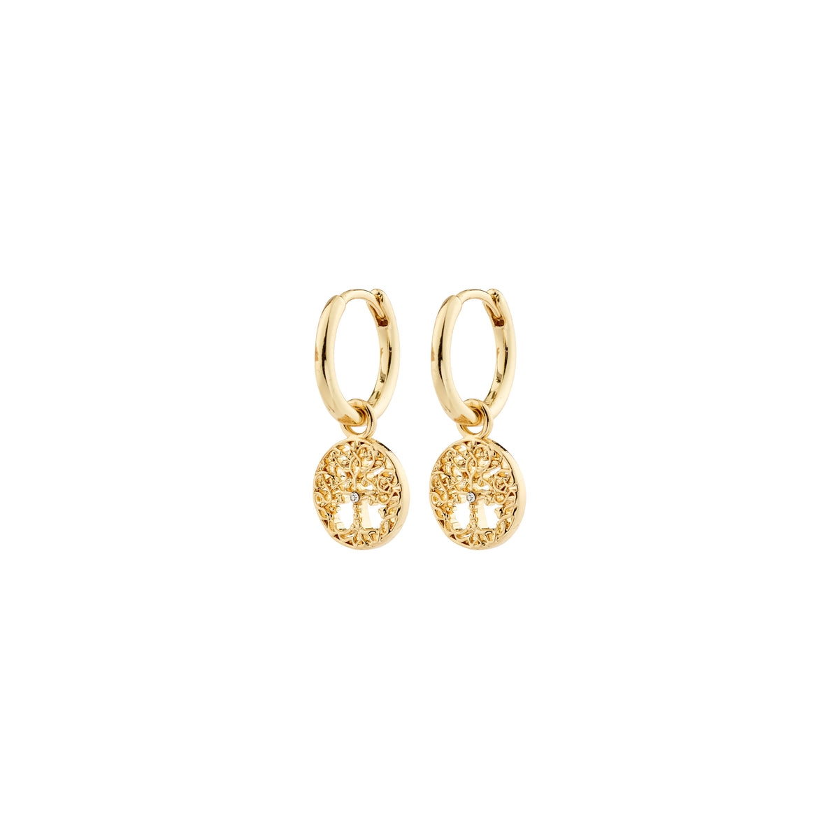 JUANNA earrings gold-plated hoops with removable Tree of Life filigree pendants, offering versatile style and symbolic elegance.