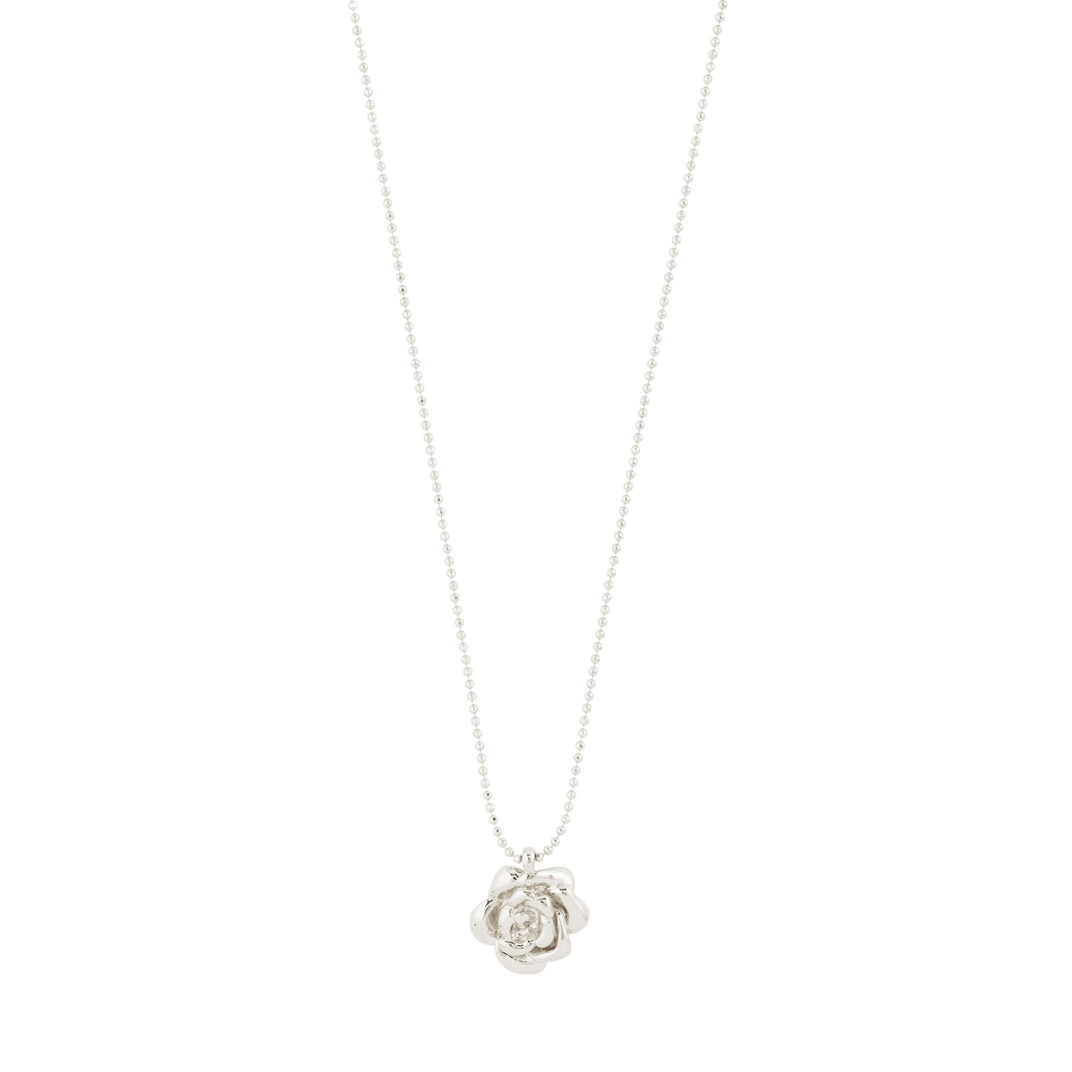 JOYCE necklace silver-plated by Pilgrim, featuring a delicate ball-chain with a sculptural rose pendant, perfect for layering or as a standalone summer highlight.