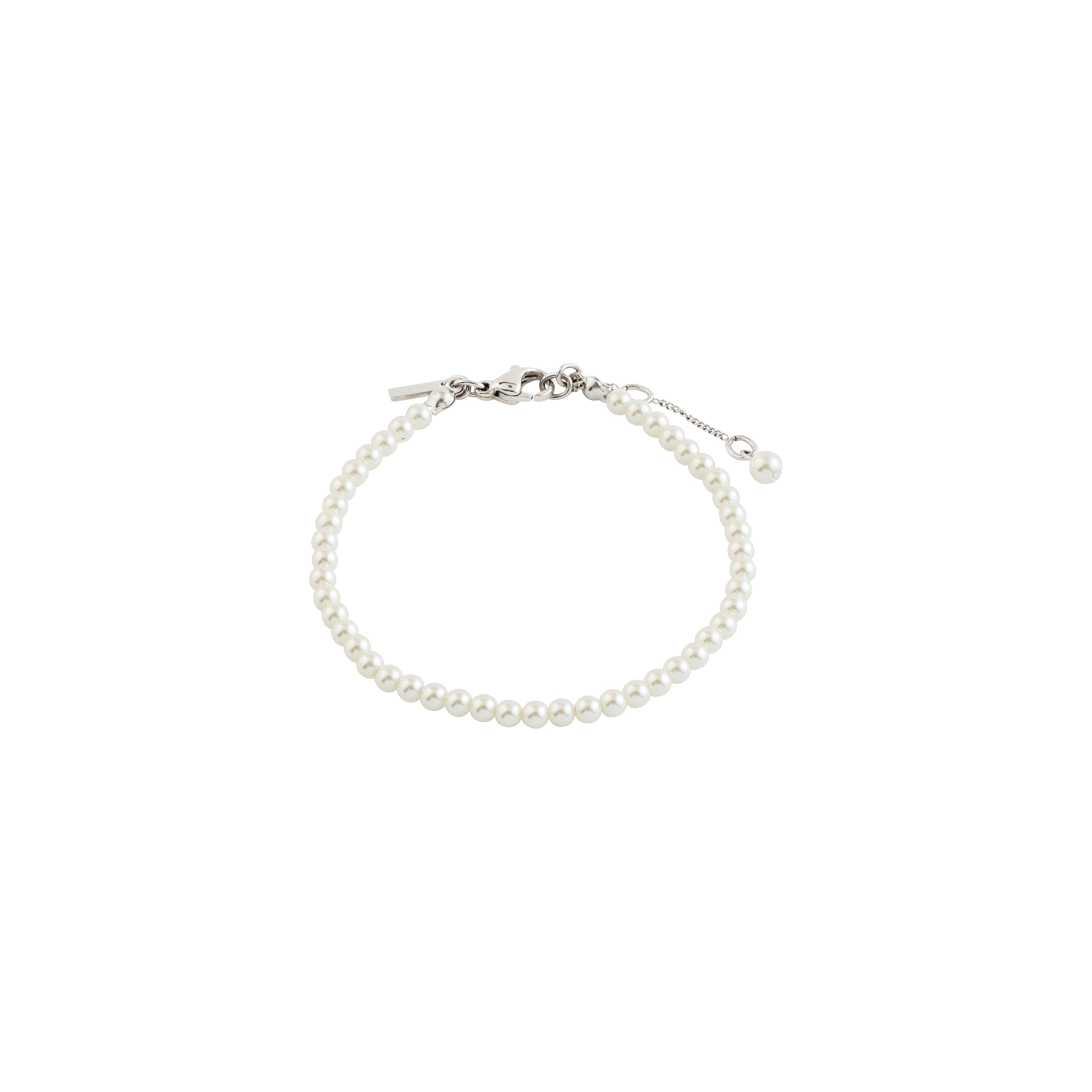 JANNI bracelet silver-plated features a single strand of white pearls, finished with an adjustable silver lobster-clasp and dangling pearl, ideal for a layered look.