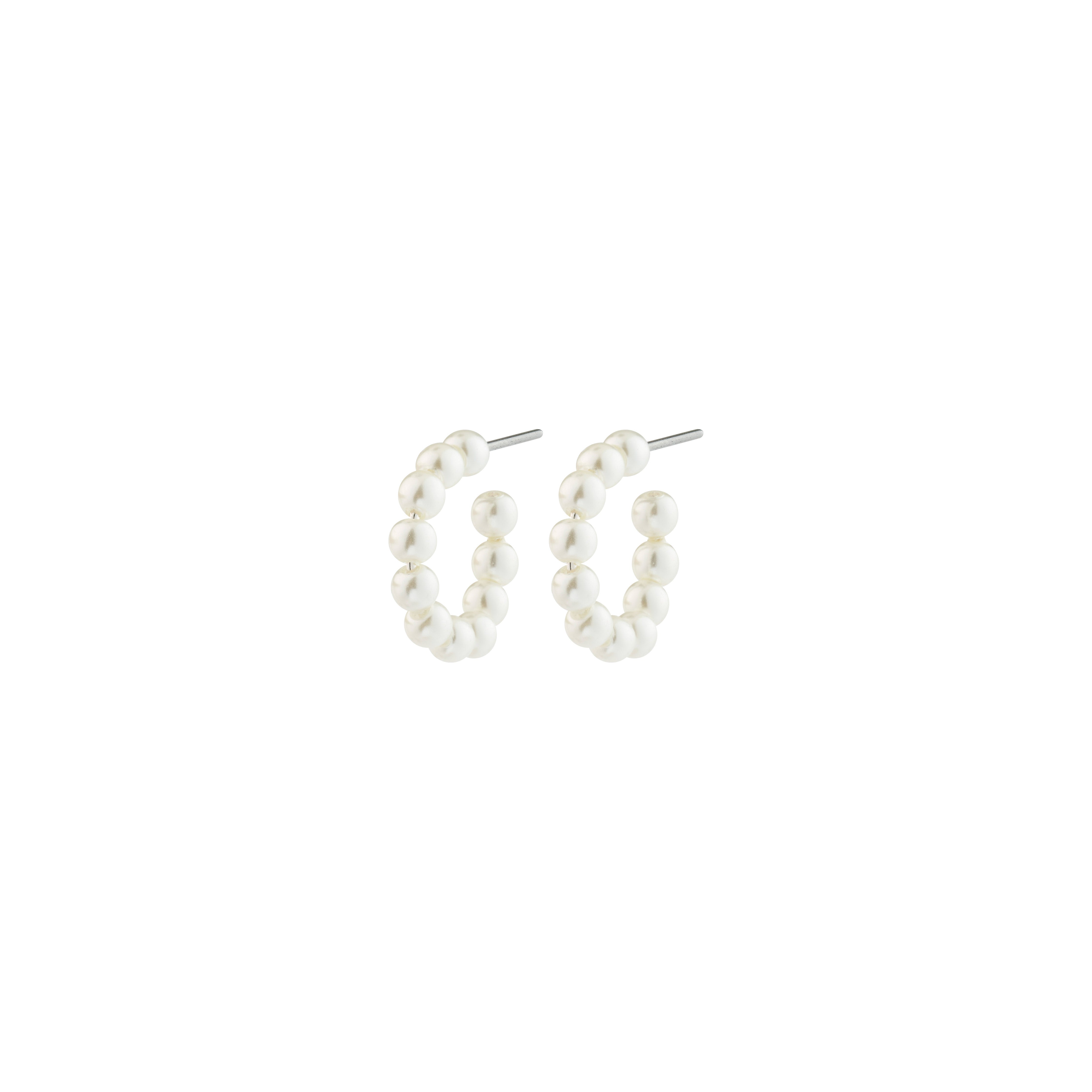 JANNI pearl hoops: Small semi-circular earrings with white pearls on wire, featuring straight posts. A stylish, recycled twist on classic pearl designs.