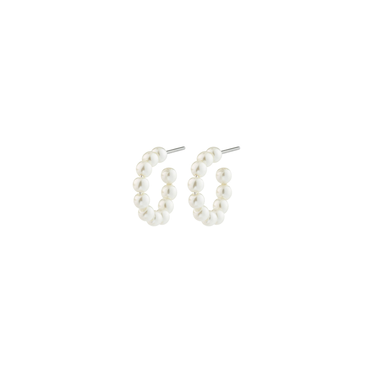 JANNI pearl hoops: Small semi-circular earrings with white pearls on wire, featuring straight posts. A stylish, recycled twist on classic pearl designs.