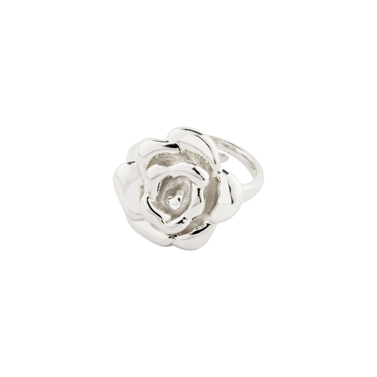 Close-up of the JOYCE ring, silver-plated, featuring a sculpted rose blossom design, showcasing Pilgrim's blend of timeless elegance and modern style.