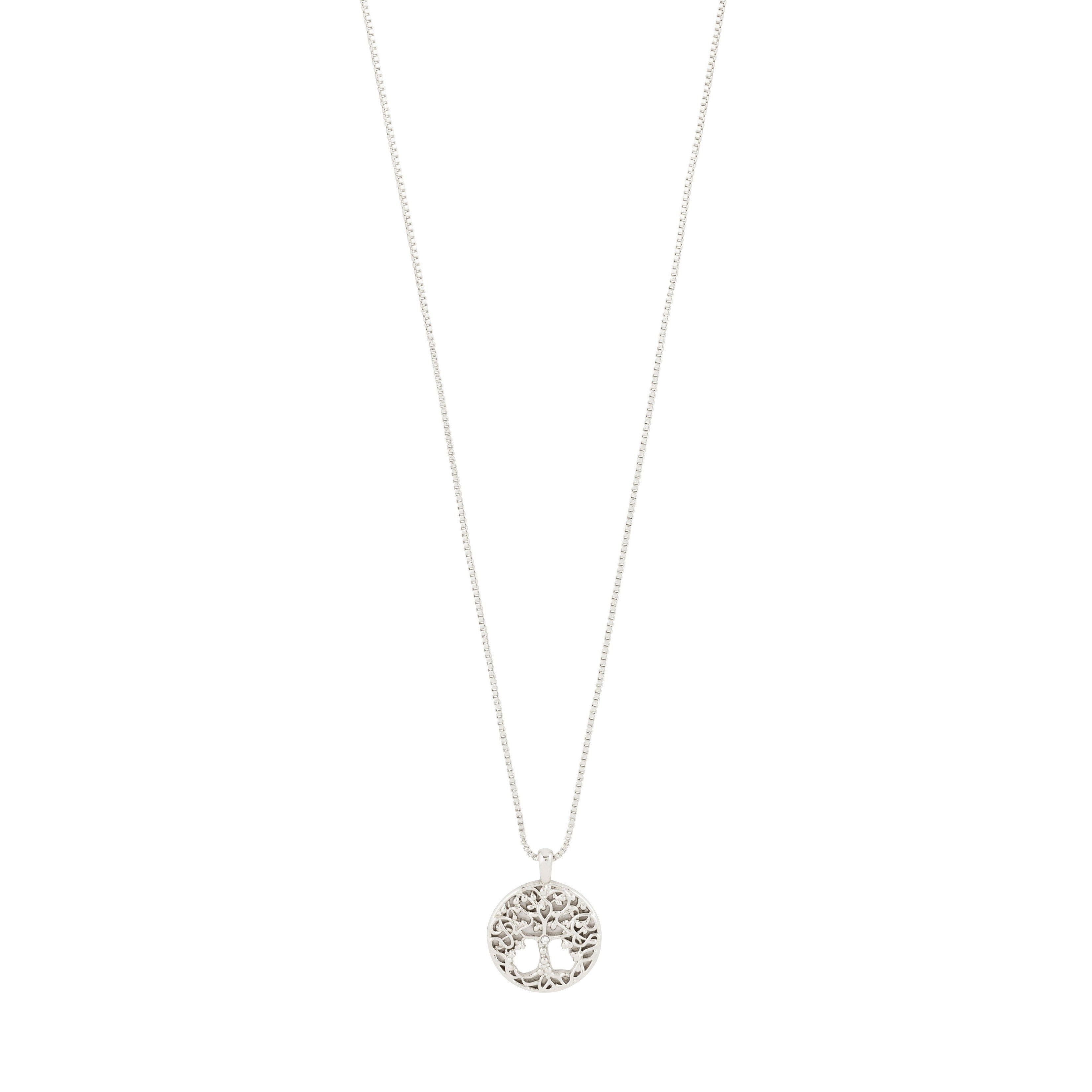 JUANNA necklace silver-plated features a fine box chain with a round pendant showcasing an intricate Tree of Life motif, symbolizing strength and connection.