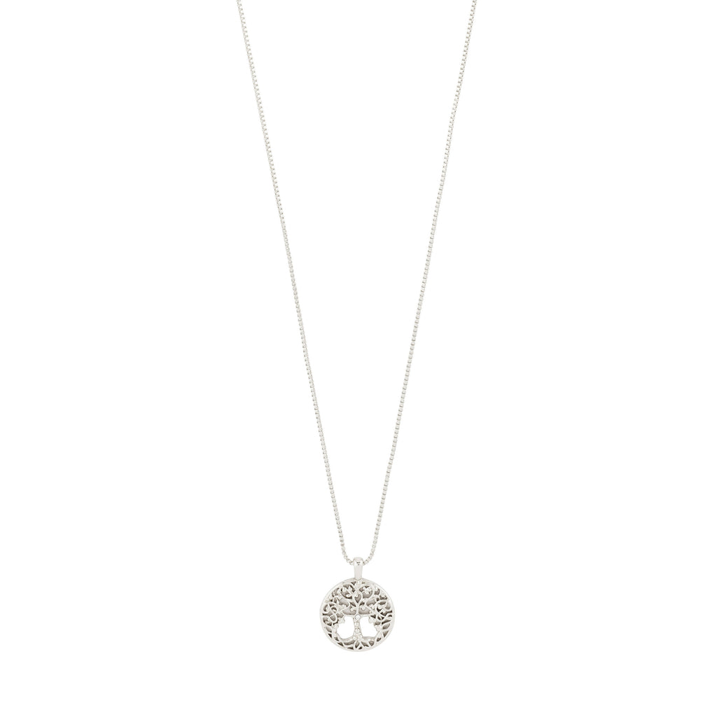 JUANNA necklace silver-plated features a fine box chain with a round pendant showcasing an intricate Tree of Life motif, symbolizing strength and connection.