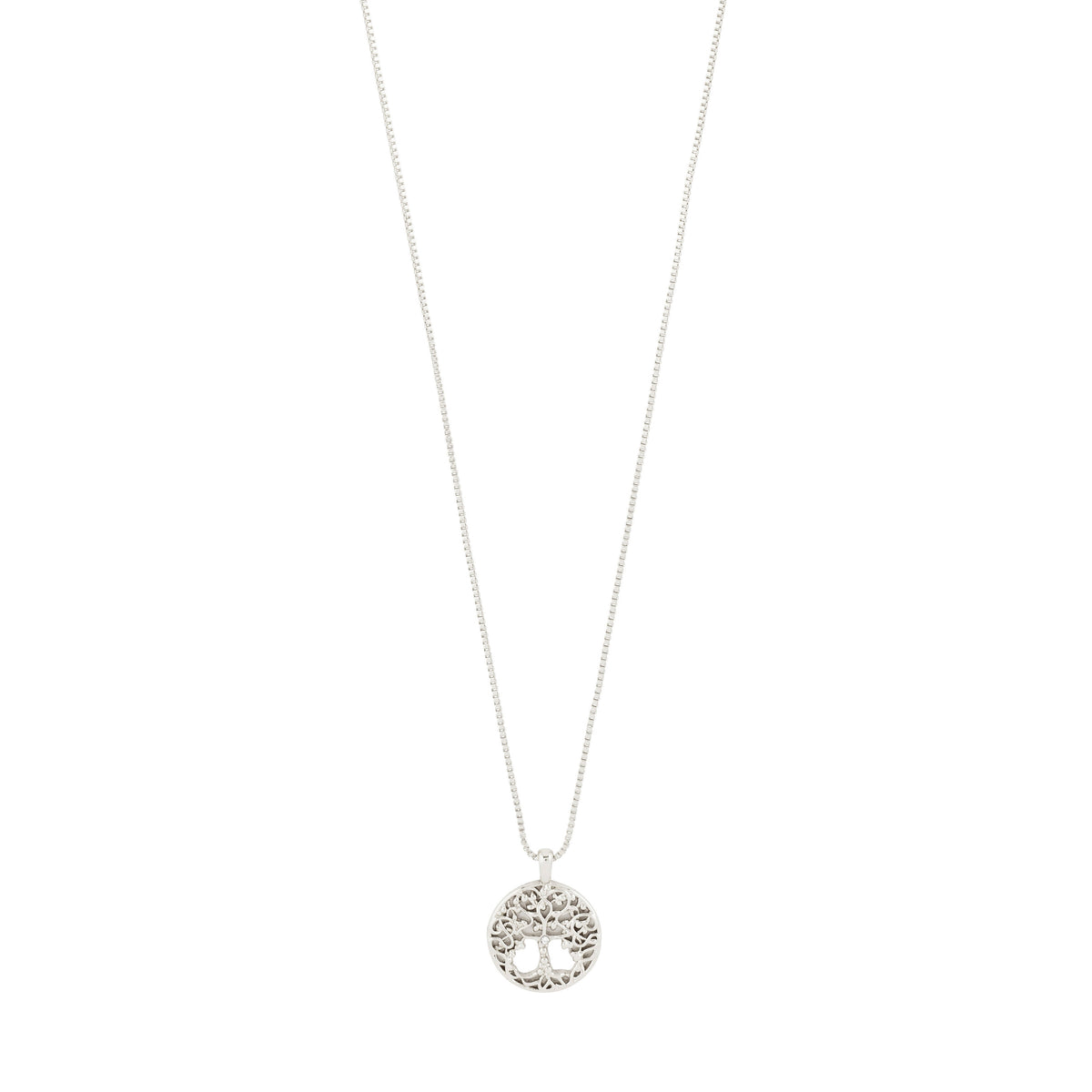 JUANNA necklace silver-plated features a fine box chain with a round pendant showcasing an intricate Tree of Life motif, symbolizing strength and connection.