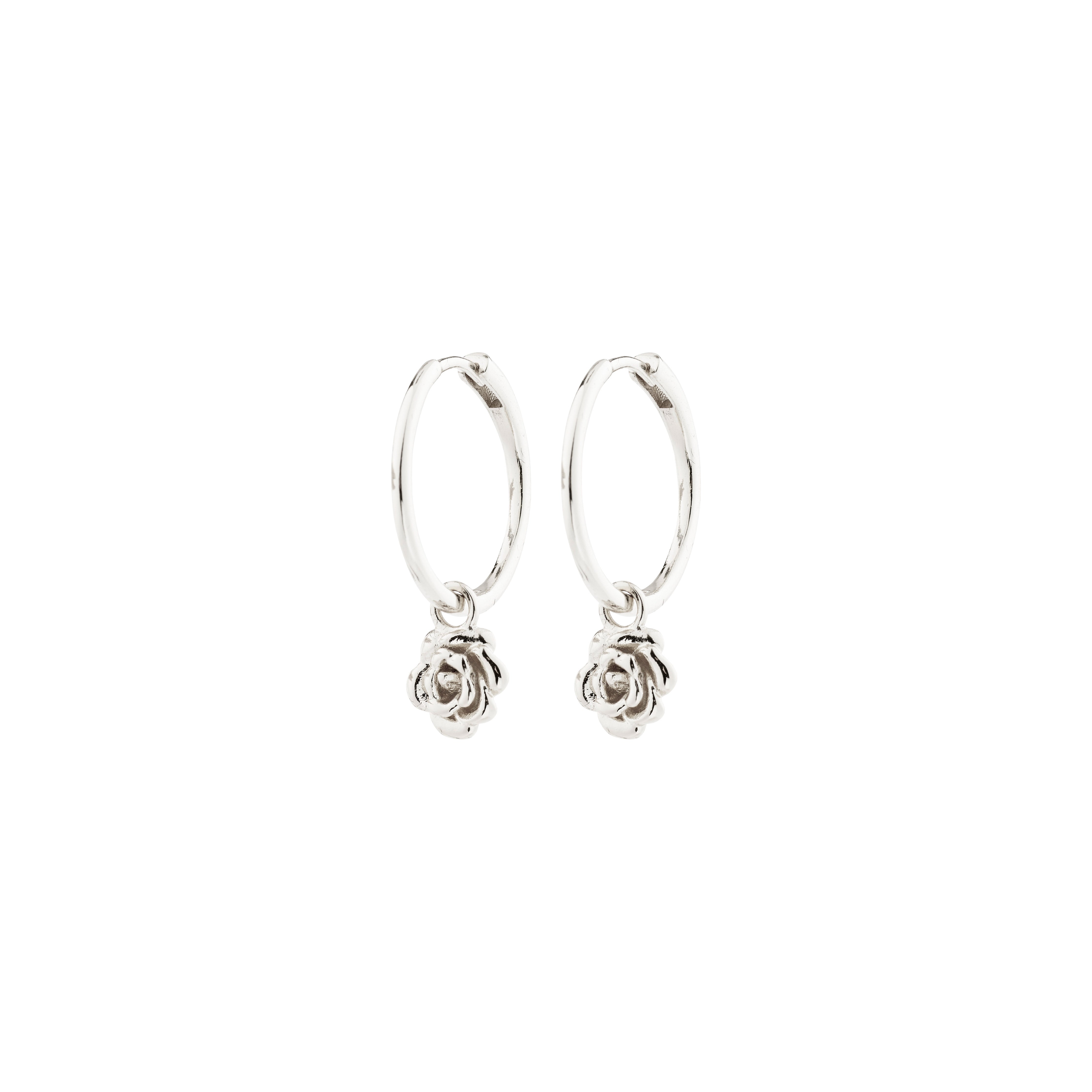JOYCE earrings silver-plated: Small silver hoops with removable rose-shaped charms for versatile styling, crafted from 99% recycled materials for sustainable elegance.