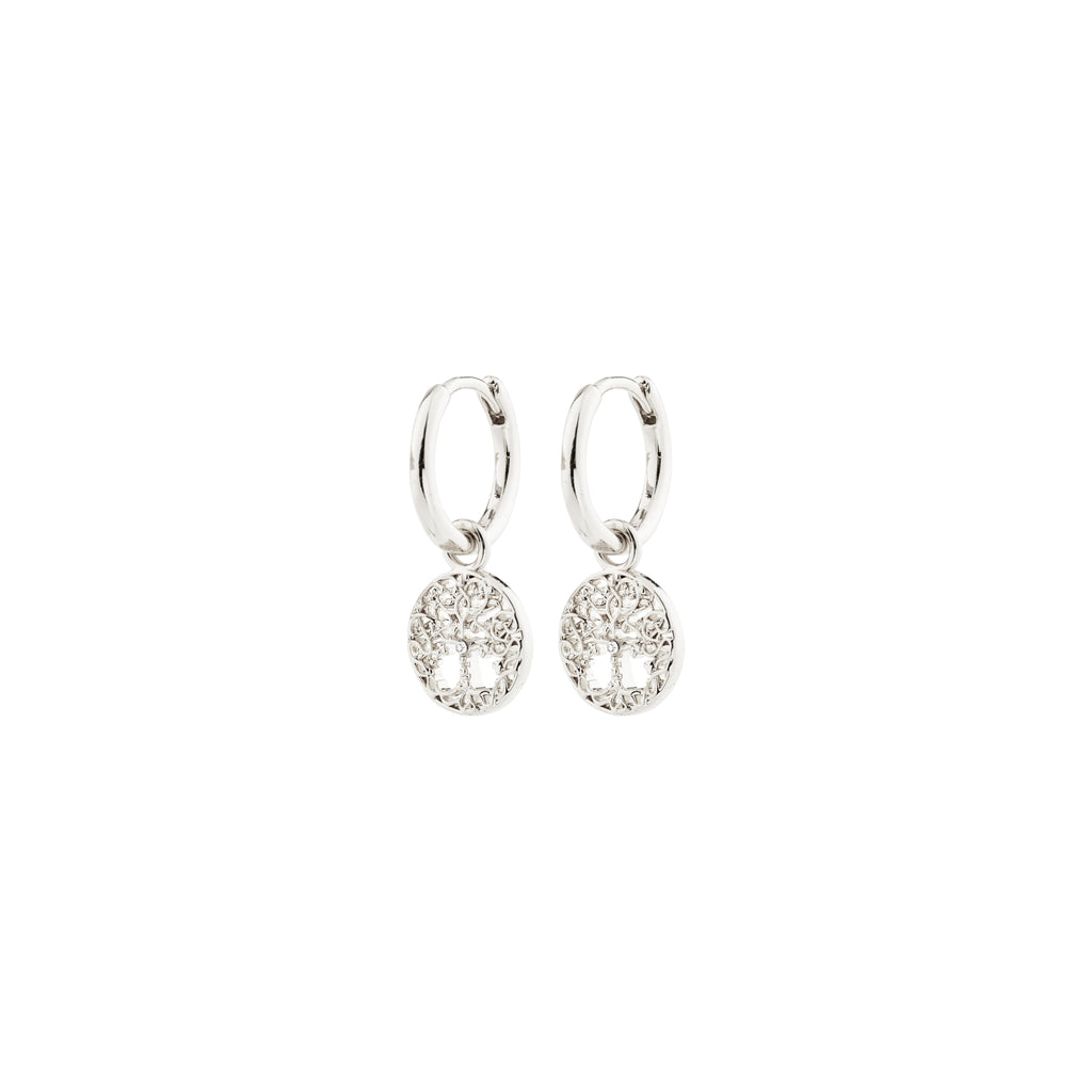 JUANNA silver-plated huggie earrings with Tree of Life charms, offering a versatile, symbolic design with removable pendants for a personalized, stylish look.