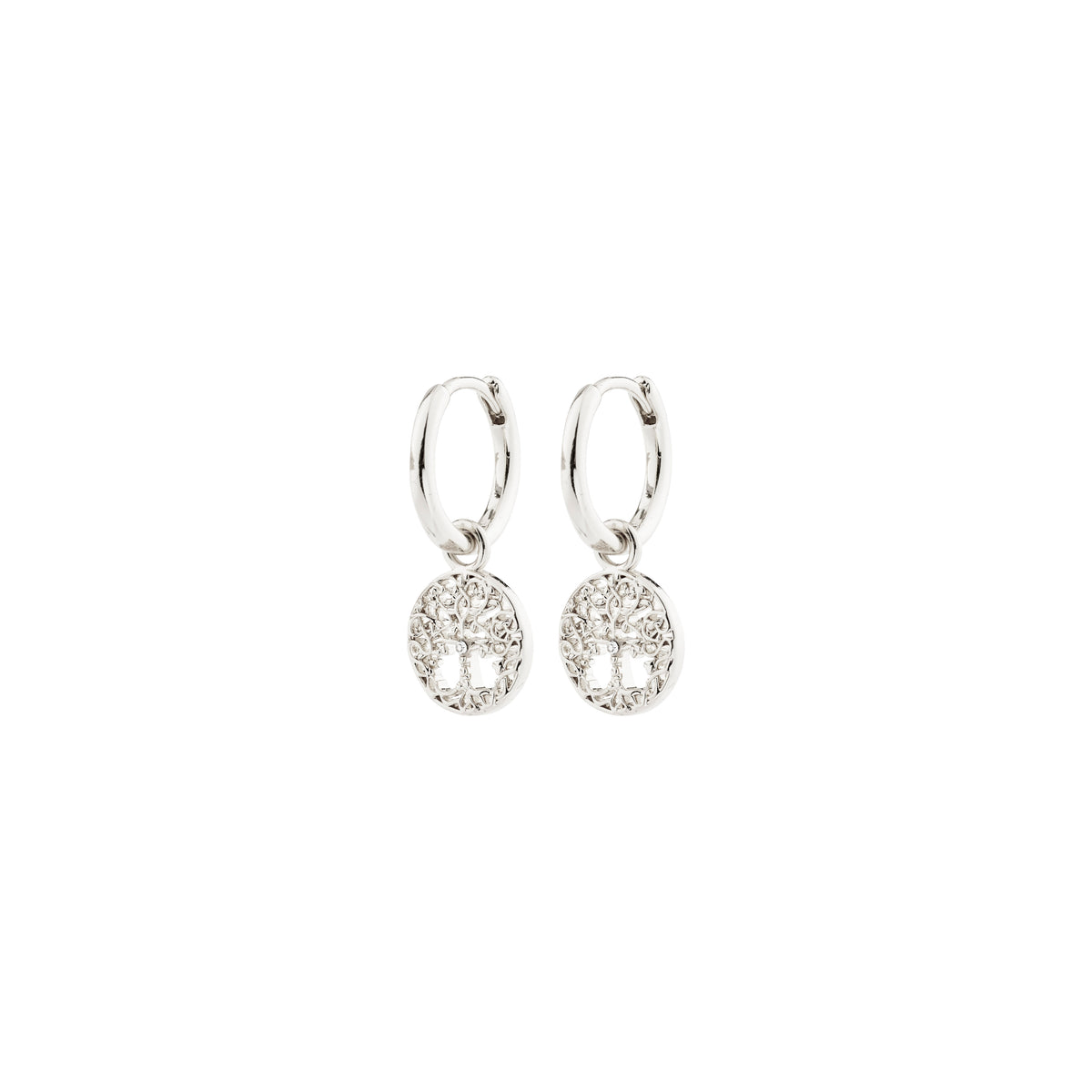 JUANNA silver-plated huggie earrings with Tree of Life charms, offering a versatile, symbolic design with removable pendants for a personalized, stylish look.