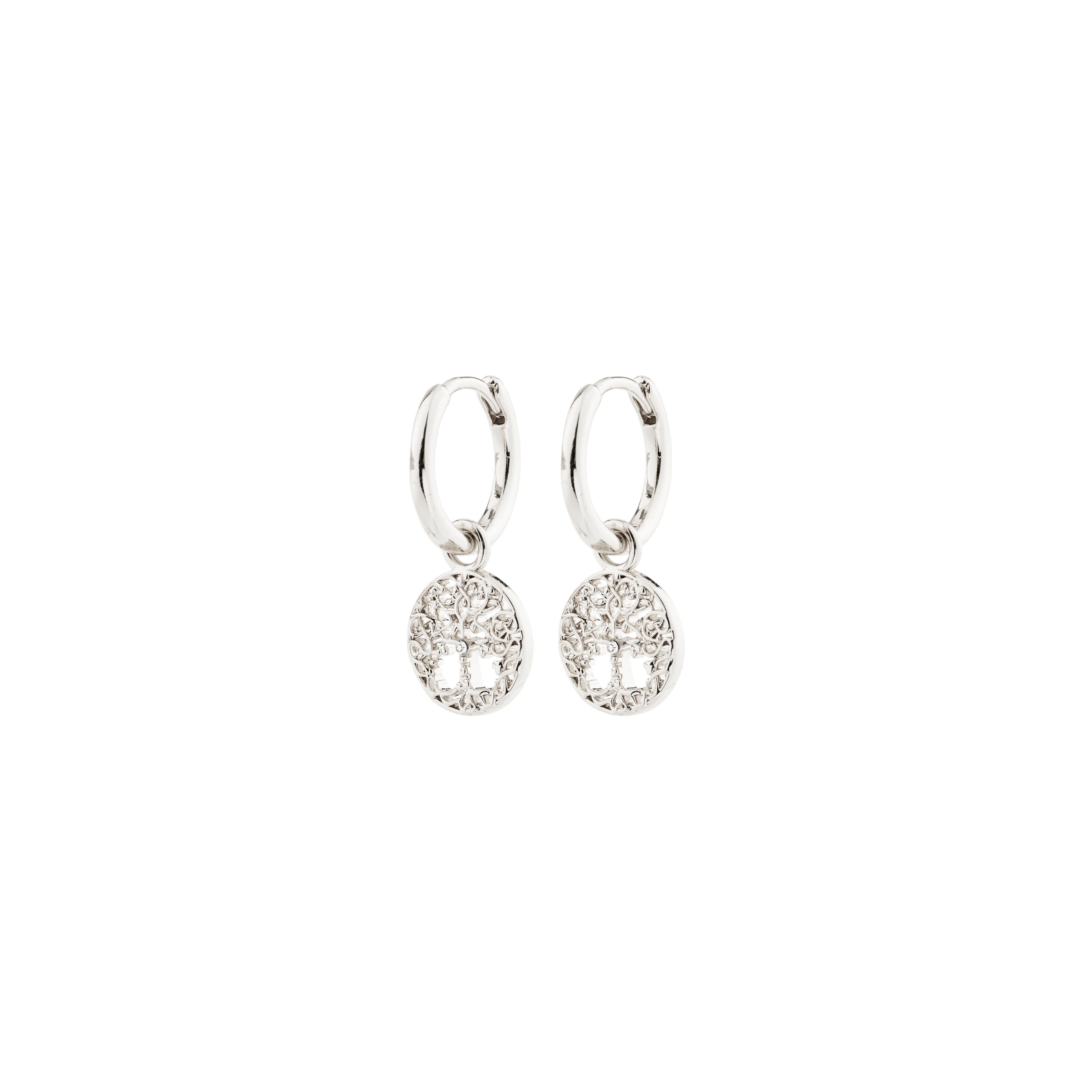 JUANNA silver-plated huggie earrings with Tree of Life charms, offering a versatile, symbolic design with removable pendants for a personalized, stylish look.