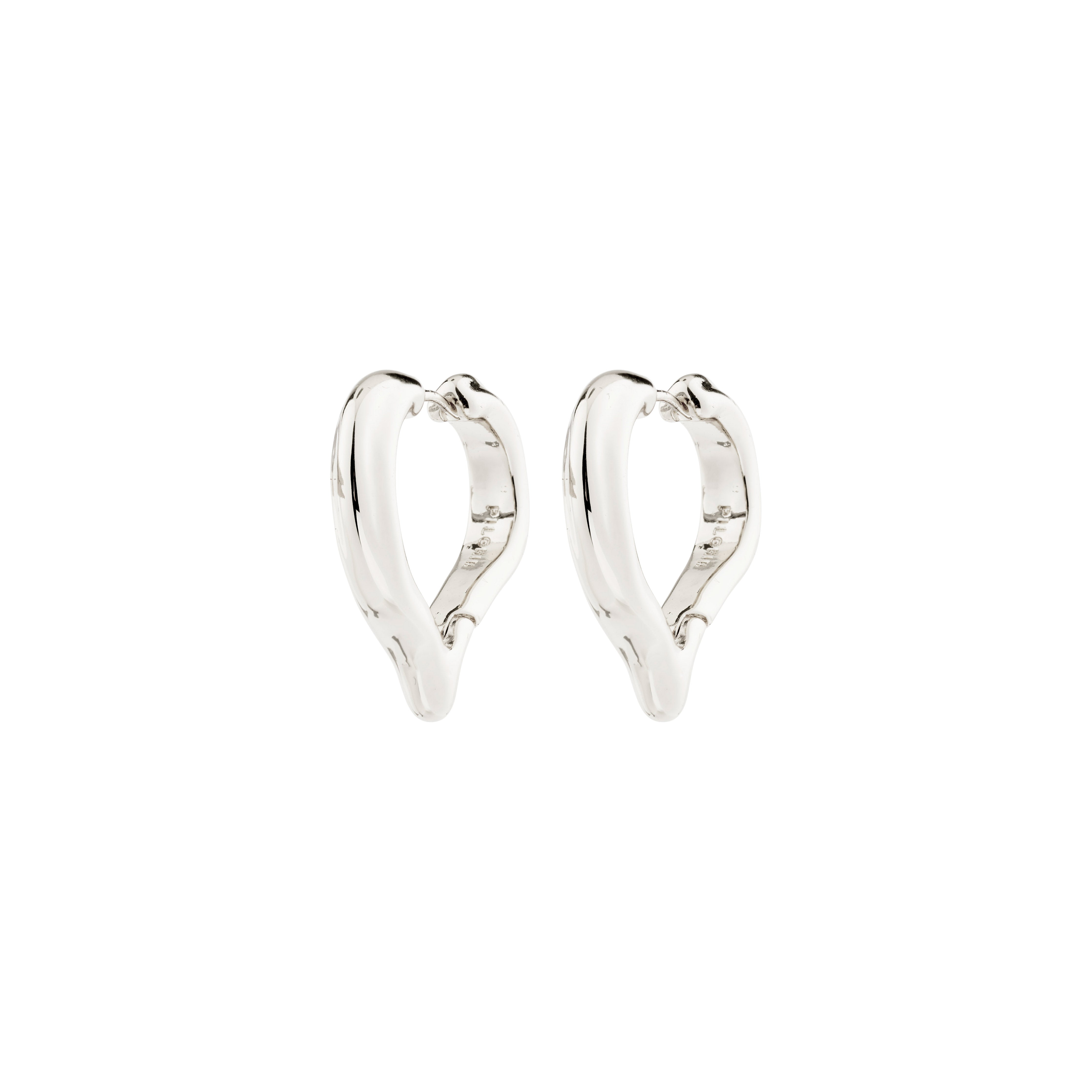 IRIS earrings silver-plated, heart-shaped huggie hoops by Pilgrim, crafted from recycled materials, featuring polished silver-tone for romantic, versatile styling.