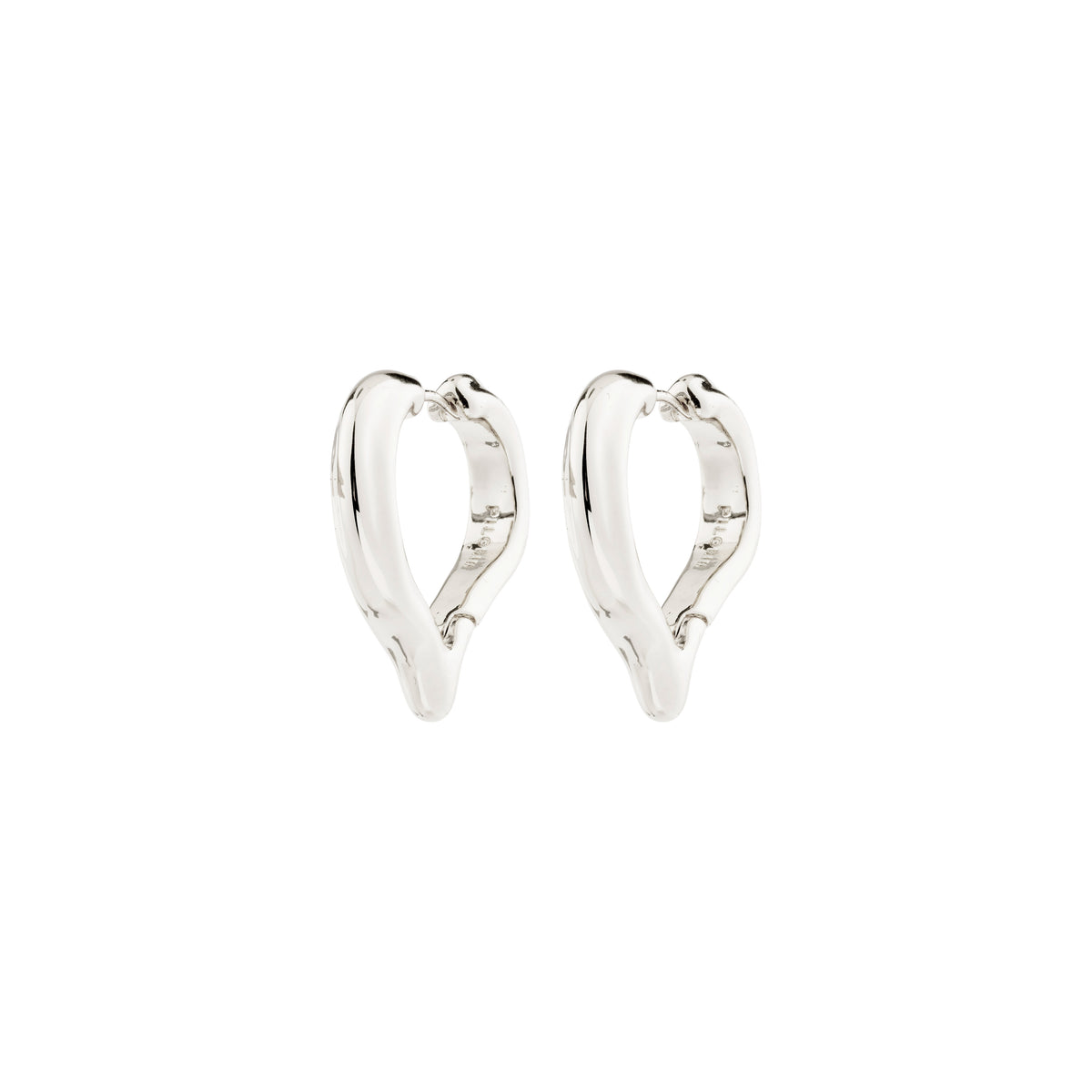 IRIS earrings silver-plated, heart-shaped huggie hoops by Pilgrim, crafted from recycled materials, featuring polished silver-tone for romantic, versatile styling.