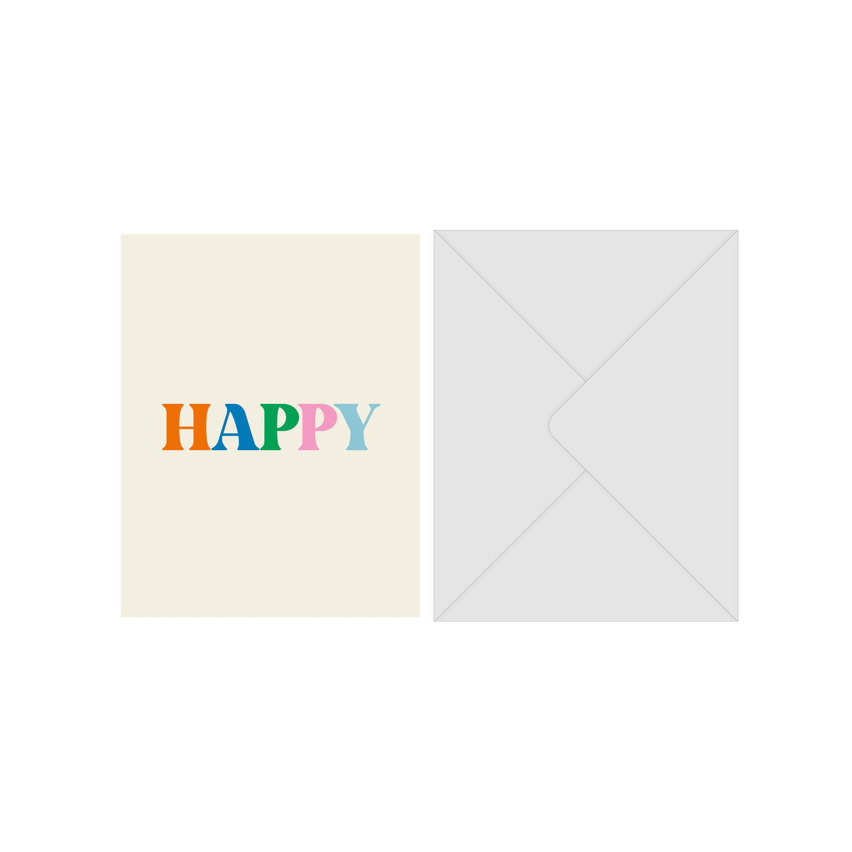 Greeting card titled Happy with a sleek white envelope, featuring vibrant lettering on the card, perfect for adding a stylish, personal touch to your gift.