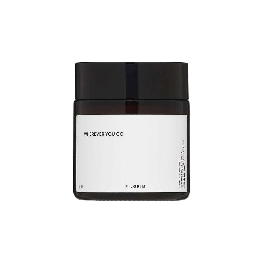 PILGRIM Scented candle, brown, crafted from sustainable rapeseed wax with sandalwood fragrance, features an Eco-Tex certified cotton wick in a reusable glass container.