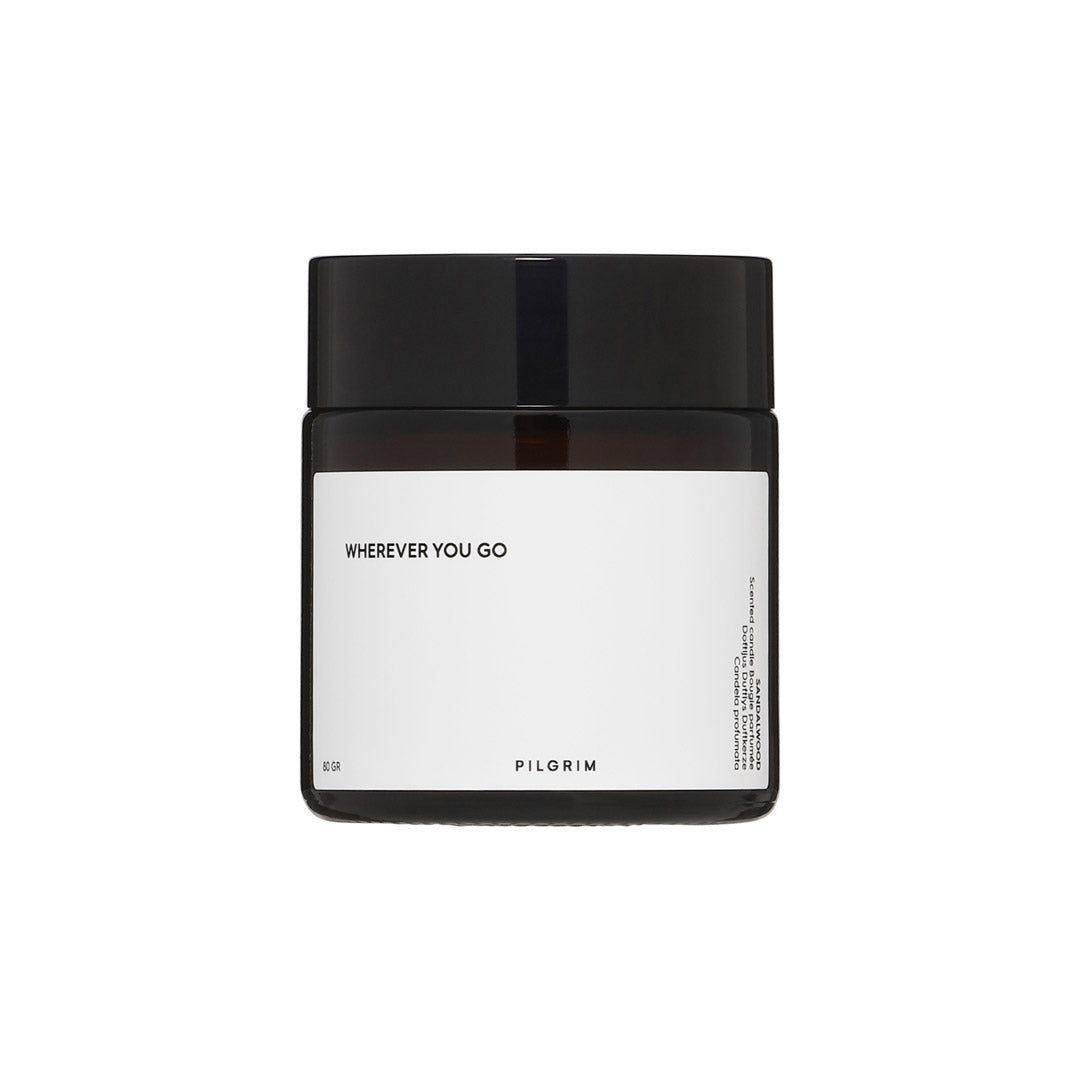 PILGRIM Scented candle, brown, crafted from sustainable rapeseed wax with sandalwood fragrance, features an Eco-Tex certified cotton wick in a reusable glass container.