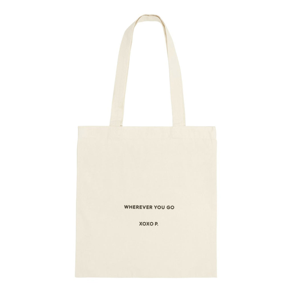 Pilgrim's Fashion canvas tote-bag in off-white with wherever you go print, spacious design, and long strap for casual, everyday use.