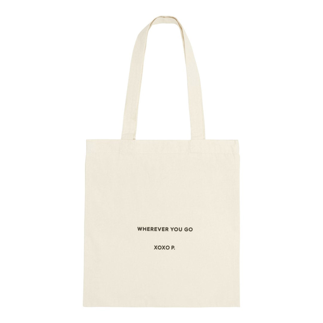 Pilgrim's Fashion canvas tote-bag in off-white with wherever you go print, spacious design, and long strap for casual, everyday use.