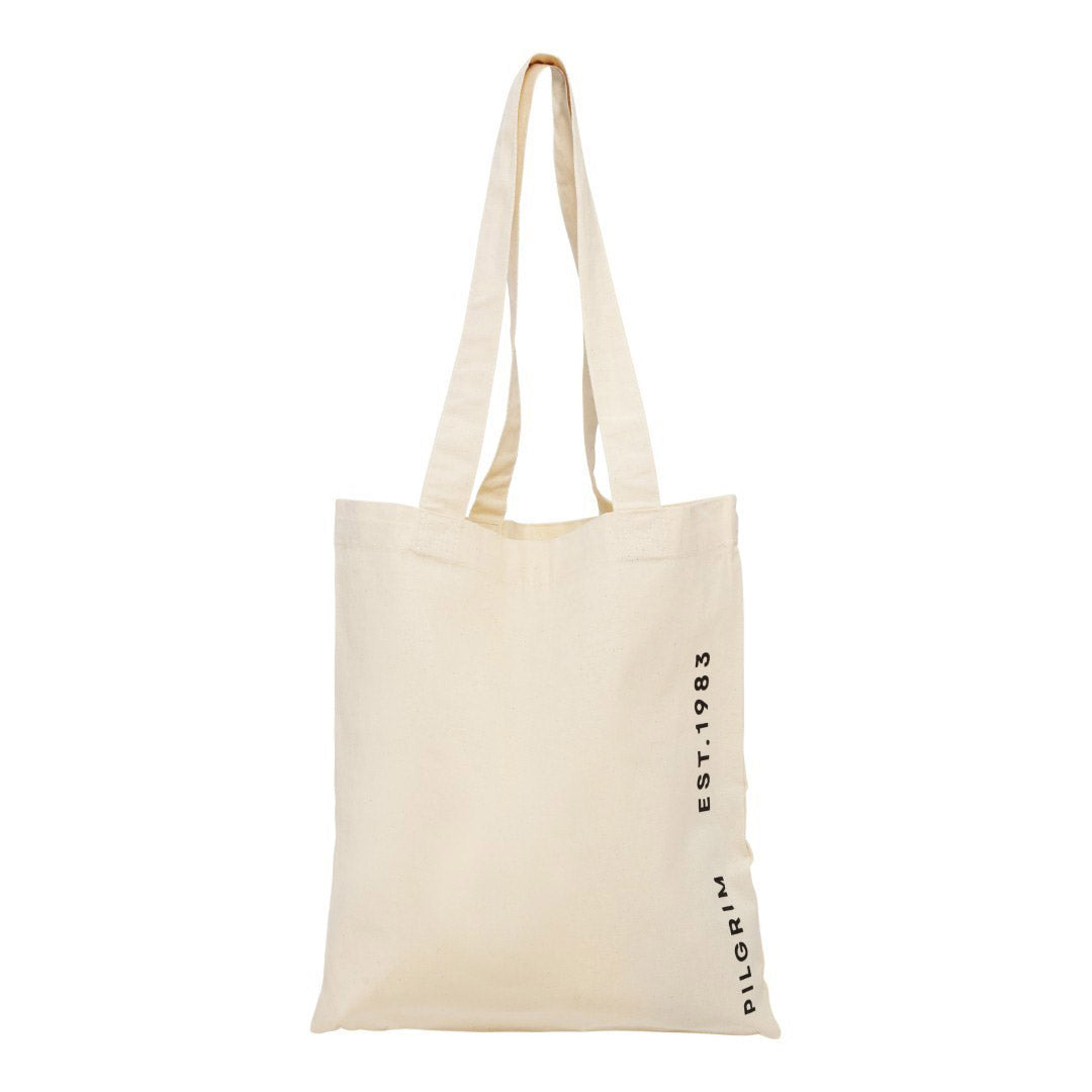 Pilgrim's Fashion canvas tote-bag in off-white, featuring wherever you go print, offers a minimalist design with a spacious interior and long strap for everyday use.