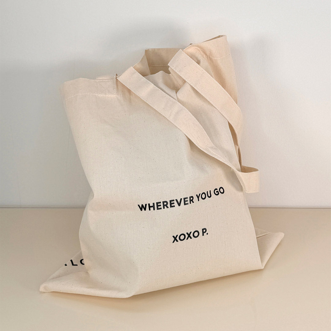 Close-up of Pilgrim's Medium Fashion canvas tote-bag in off-white, featuring wherever you go print and long strap, ideal for daily essentials.