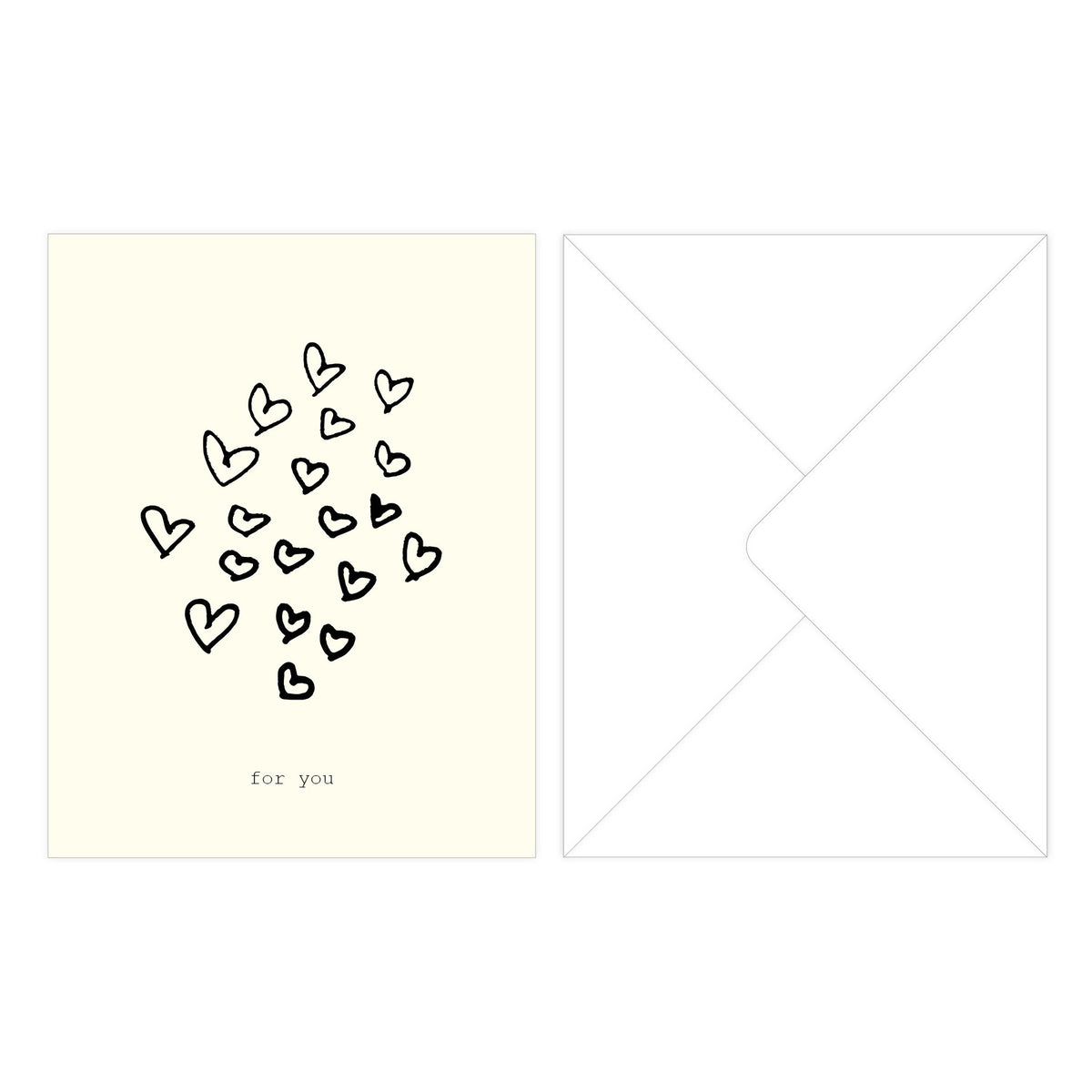 Greeting card, For you with envelope, featuring black heart designs. Ideal for enhancing gift experiences with a personal, elegant touch.