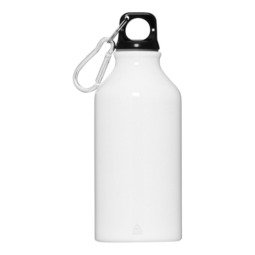 Pilgrim's 400 ml aluminium bottle, white with logo, features a minimalist design and carabiner for easy carrying, ideal for active lifestyles.