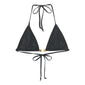 Pilgrim black bikini, XS/S, with triangle top, chunky beads, high-cut bottoms, and side ties; includes a black drawstring pouch. Ideal for spontaneous beach outings.
