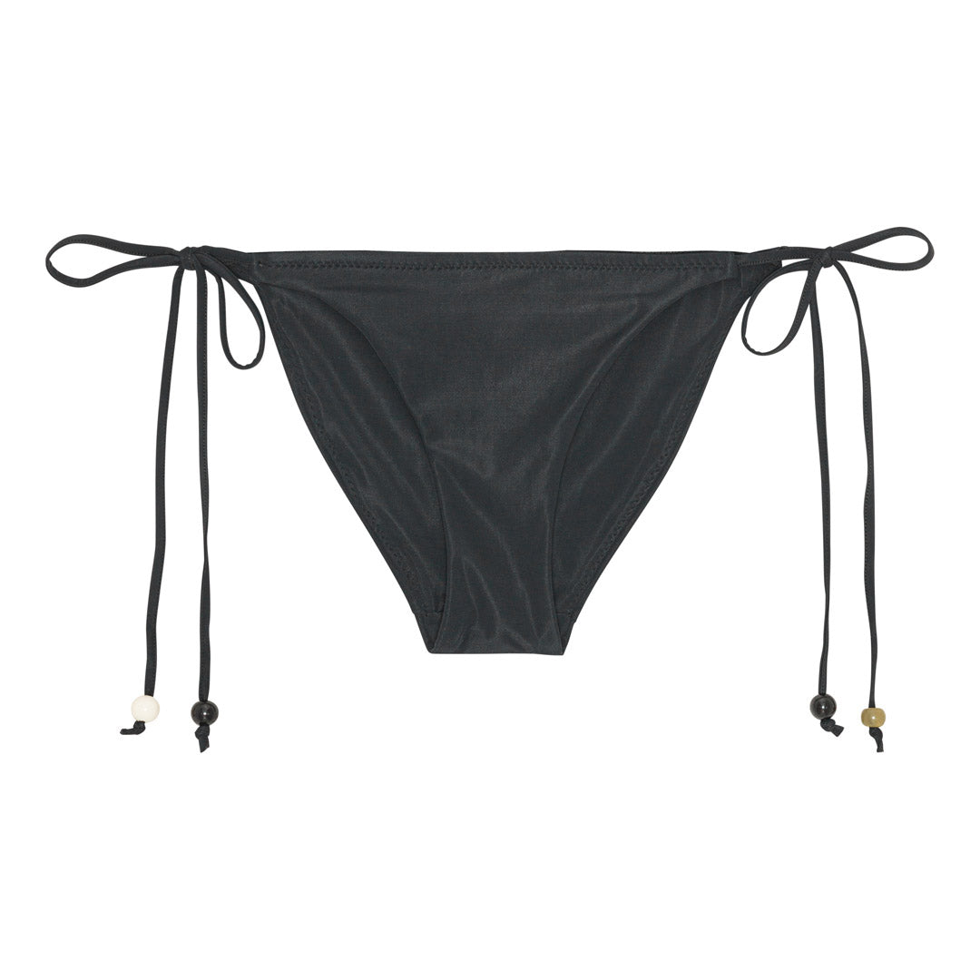 Black XS/S bikini with triangle top, earthy-tone beads, and tie-neck halter. High-cut bottoms with side ties, packaged in a black drawstring pouch.