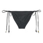 Black XS/S bikini with triangle top, earthy-tone beads, and tie-neck halter. High-cut bottoms with side ties, packaged in a black drawstring pouch.