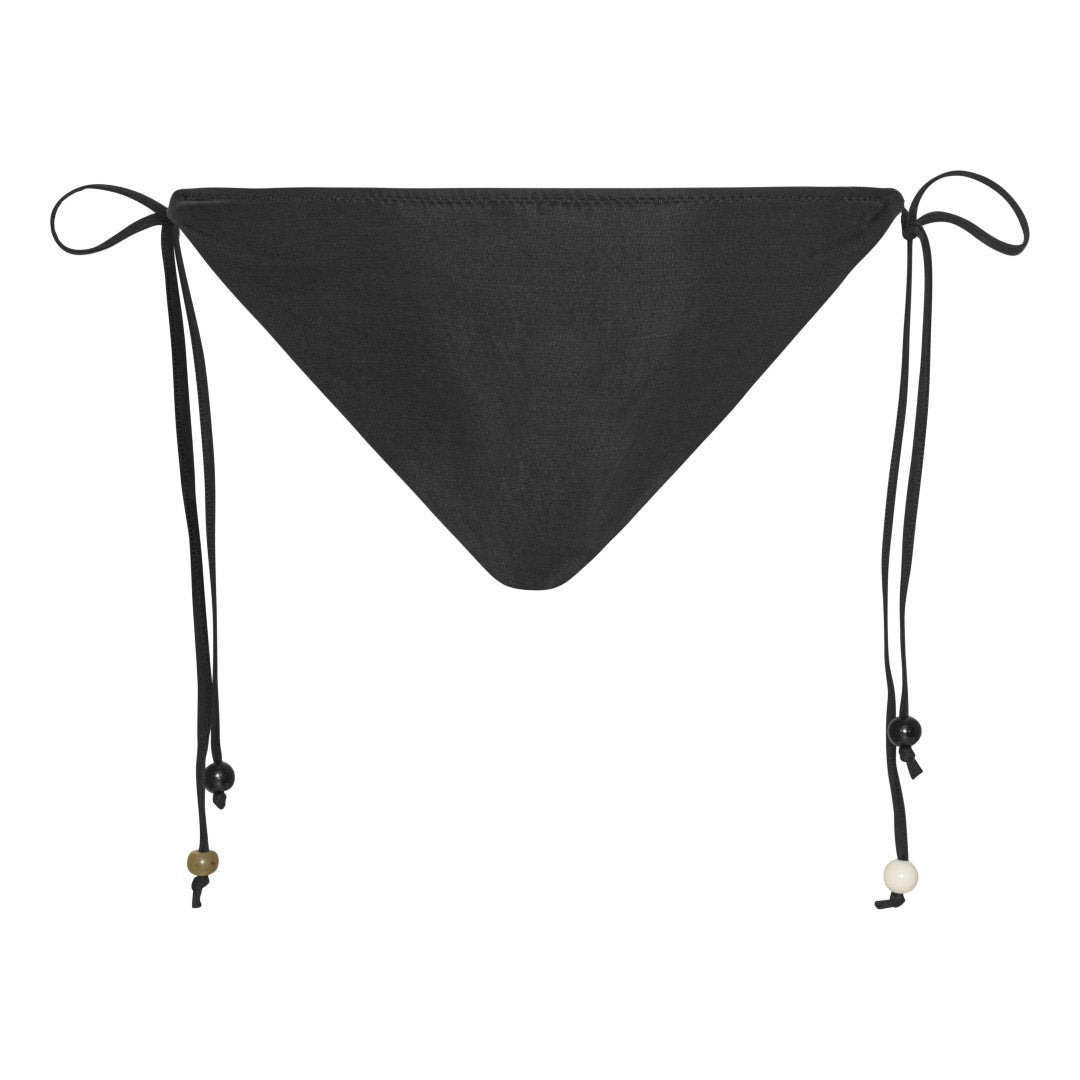 Black bikini with triangle top, earthy-tone beads, high-cut leg bottoms, and side ties. Comes with a black drawstring pouch, size XS/S, by Pilgrim.