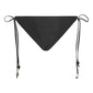 Black bikini with triangle top, earthy-tone beads, high-cut leg bottoms, and side ties. Comes with a black drawstring pouch, size XS/S, by Pilgrim.
