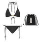 Black bikini in M/L featuring a triangle top with chunky beads, high-cut bottoms with side ties, and decorative straps. Comes in a sleek black drawstring pouch.