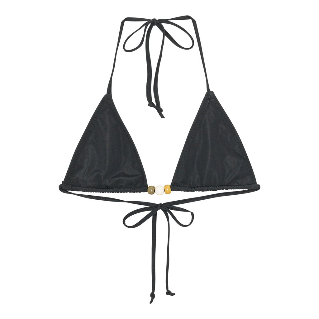 Black bikini with triangle top featuring white beads and halter tie, high-cut bottoms with side ties, and decorative beaded straps. Size M/L.