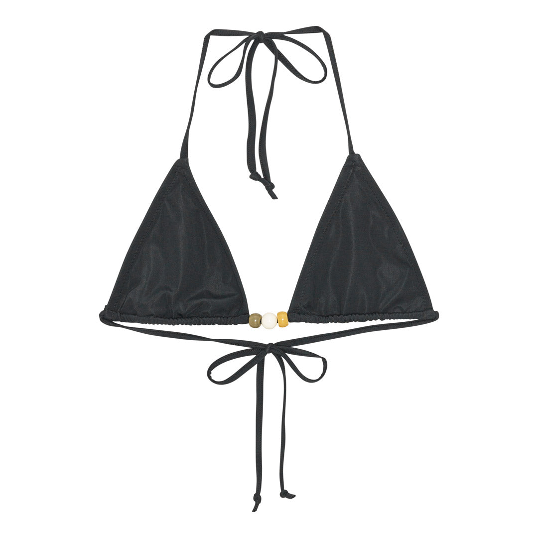 Black bikini with triangle top featuring white beads and halter tie, high-cut bottoms with side ties, and decorative beaded straps. Size M/L.